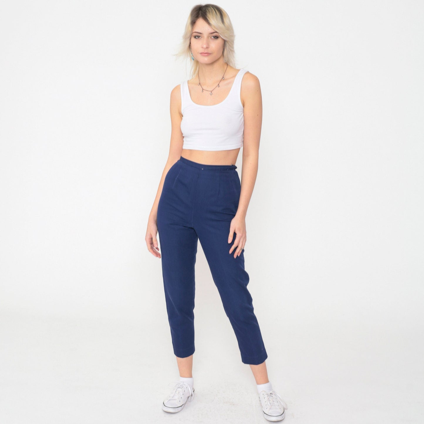 60s Carol Brent Dark Blue High-Waisted Tapered Ankle Pants Extra Small