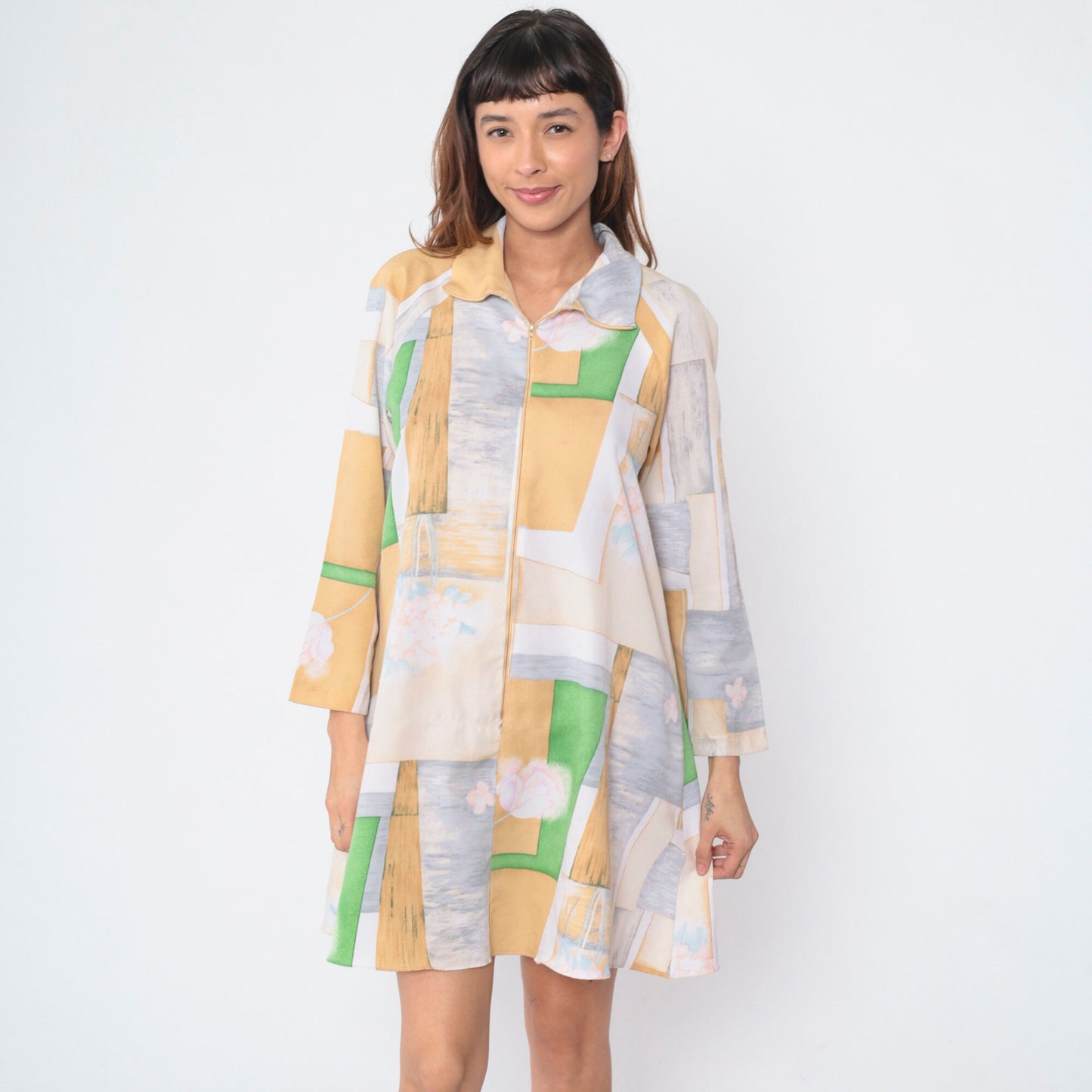 70s Abstract Floral Mini Dress Long Sleeve Zip Front Shift Medium M