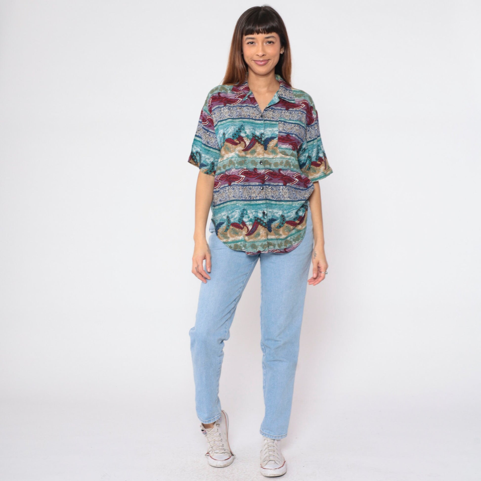 90s Indian Mandala Leaf Button-Up Blouse Short Sleeve Floral Print Blue Red Medium M
