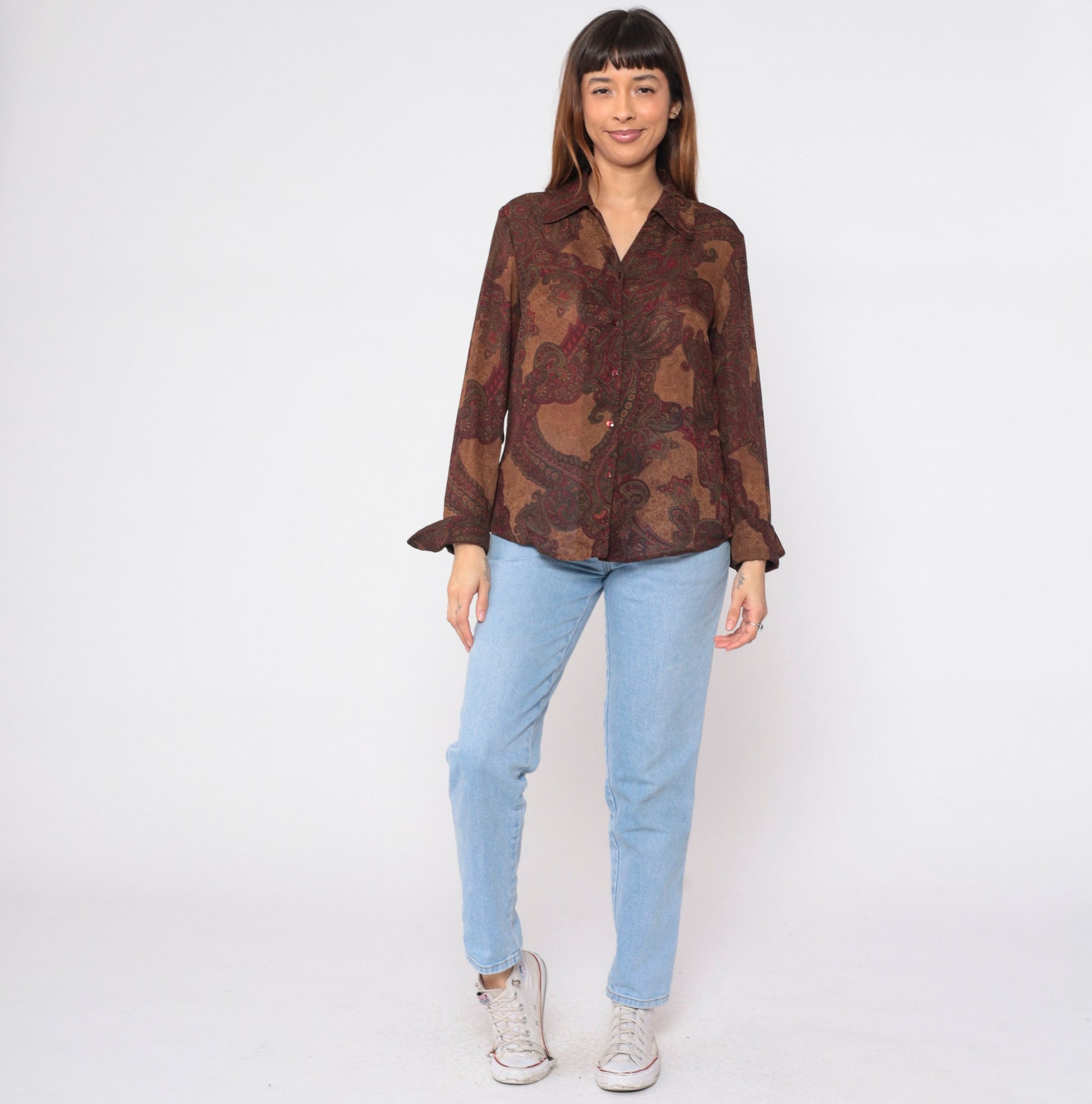 90s Kasper Paisley Button-Up Blouse Brown Long Sleeve Medium