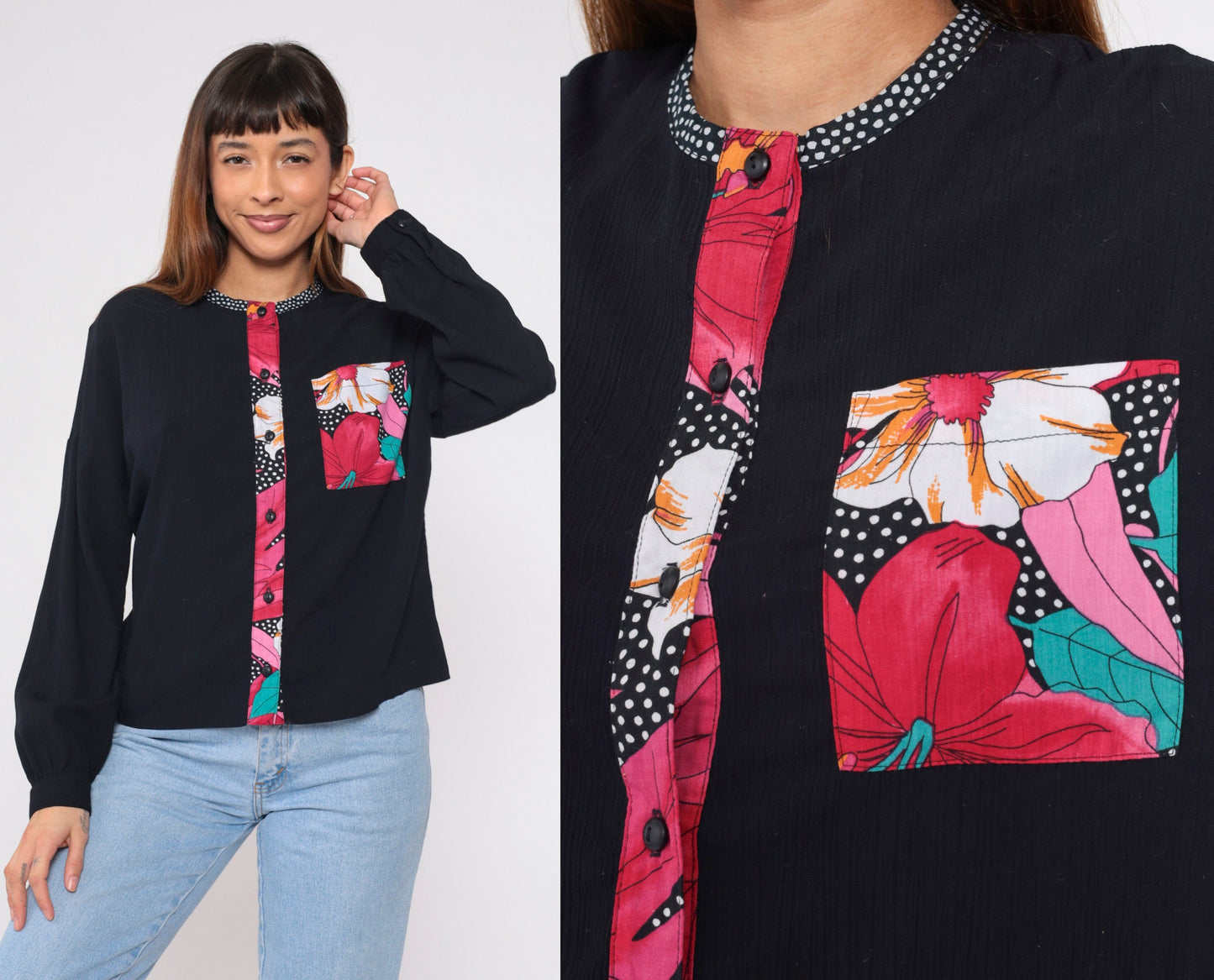 90s Black Floral Polka Dot Button Up Blouse Long Sleeve Shirt Medium M