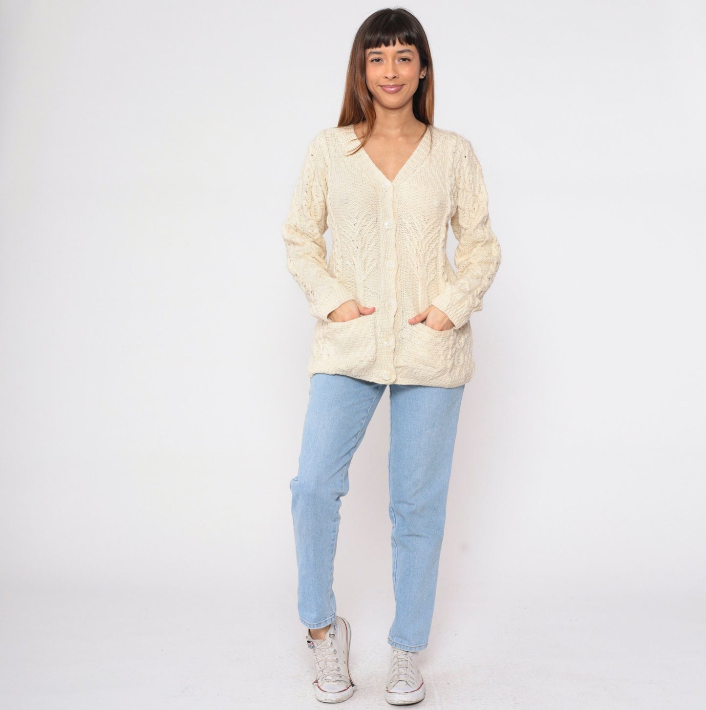 00s Kilronan Merino Wool Cable Knit Cardigan Cream Tree Print Medium M