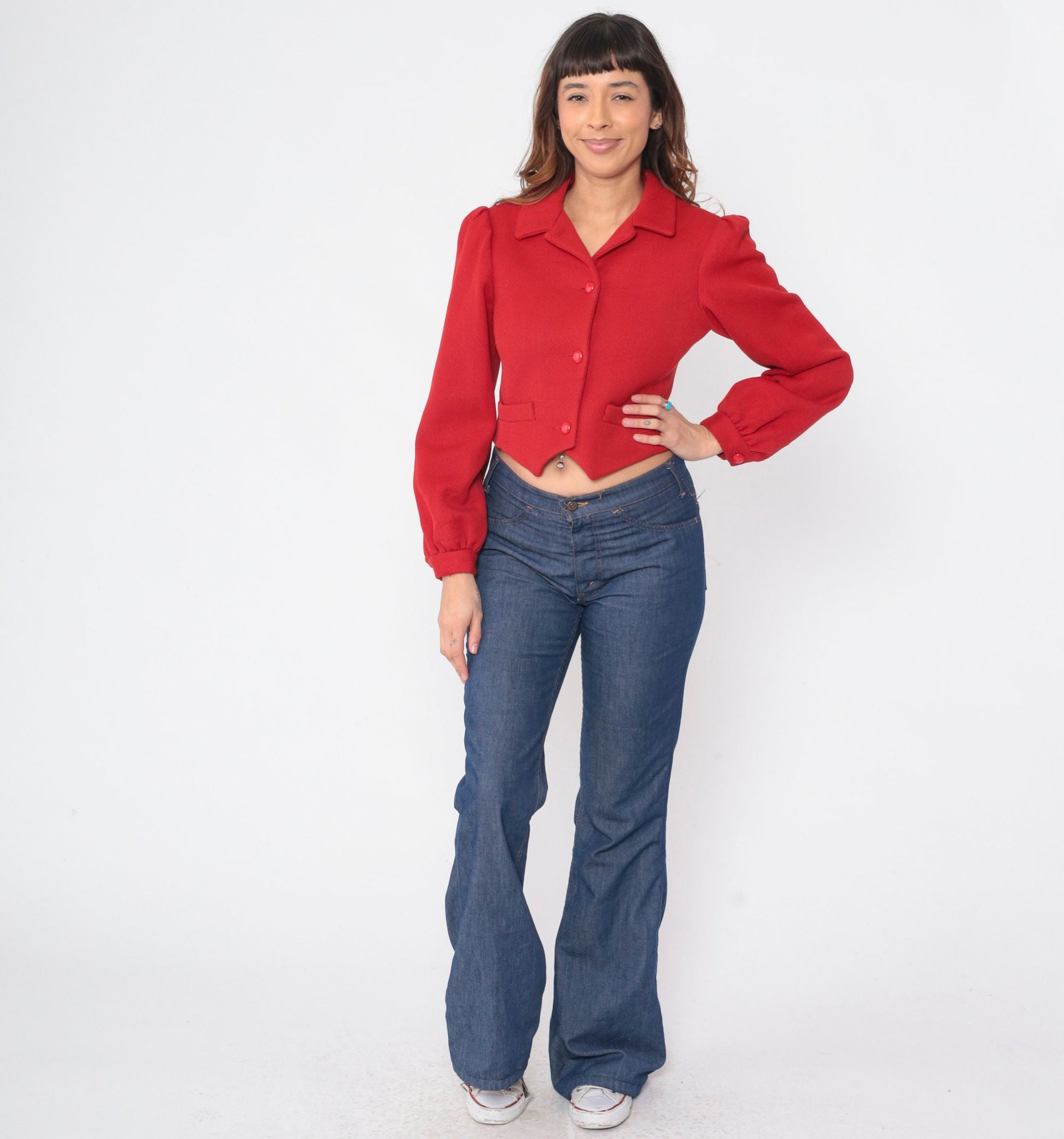 70s Red Corduroy Puff Sleeve Blouse Notched Hem Crop Top Small