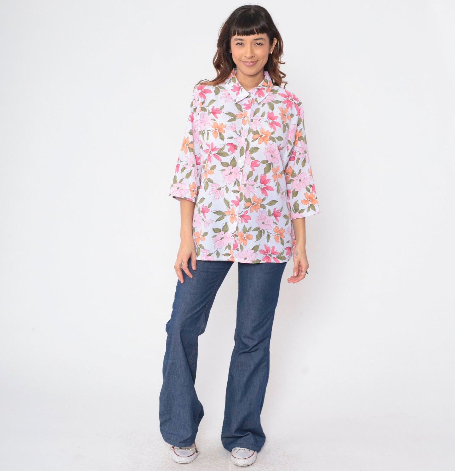 90s Bon Worth Floral Button-Up Blouse Pink Orange 3/4 Sleeve Large Petite