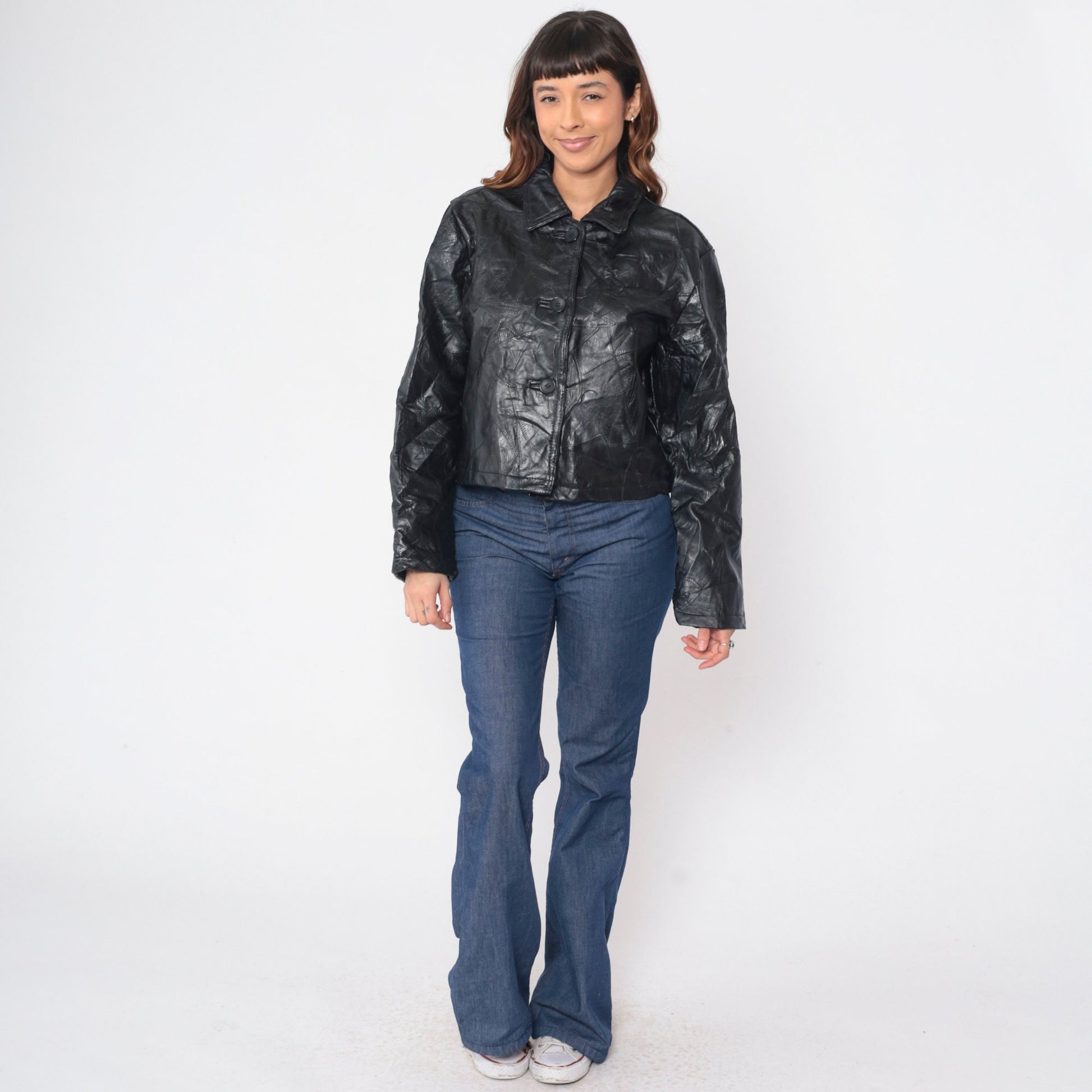 00s Black Patchwork Leather Moto Jacket Italian Stone Design Medium