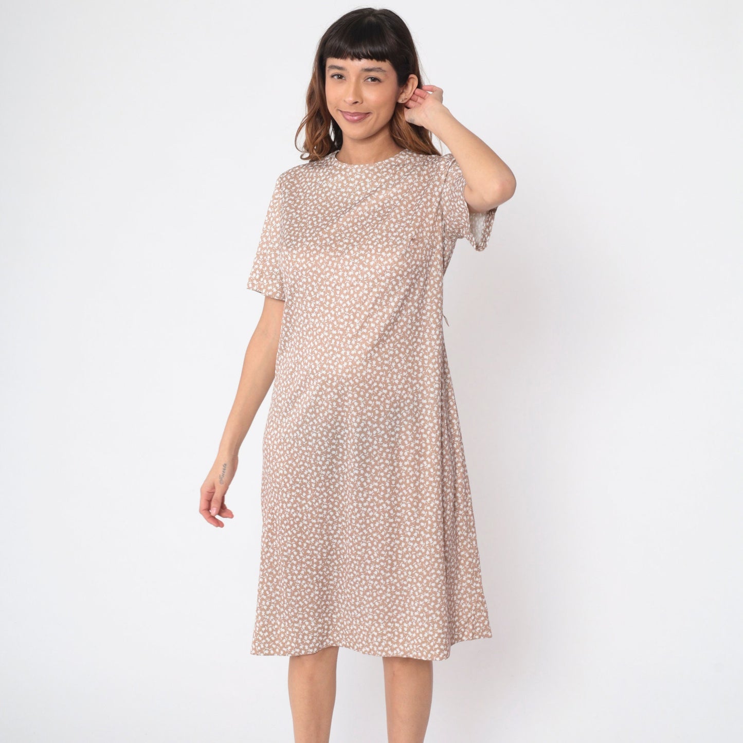 70s Tulip Floral Midi Dress Light Brown Shift Short Sleeve Large