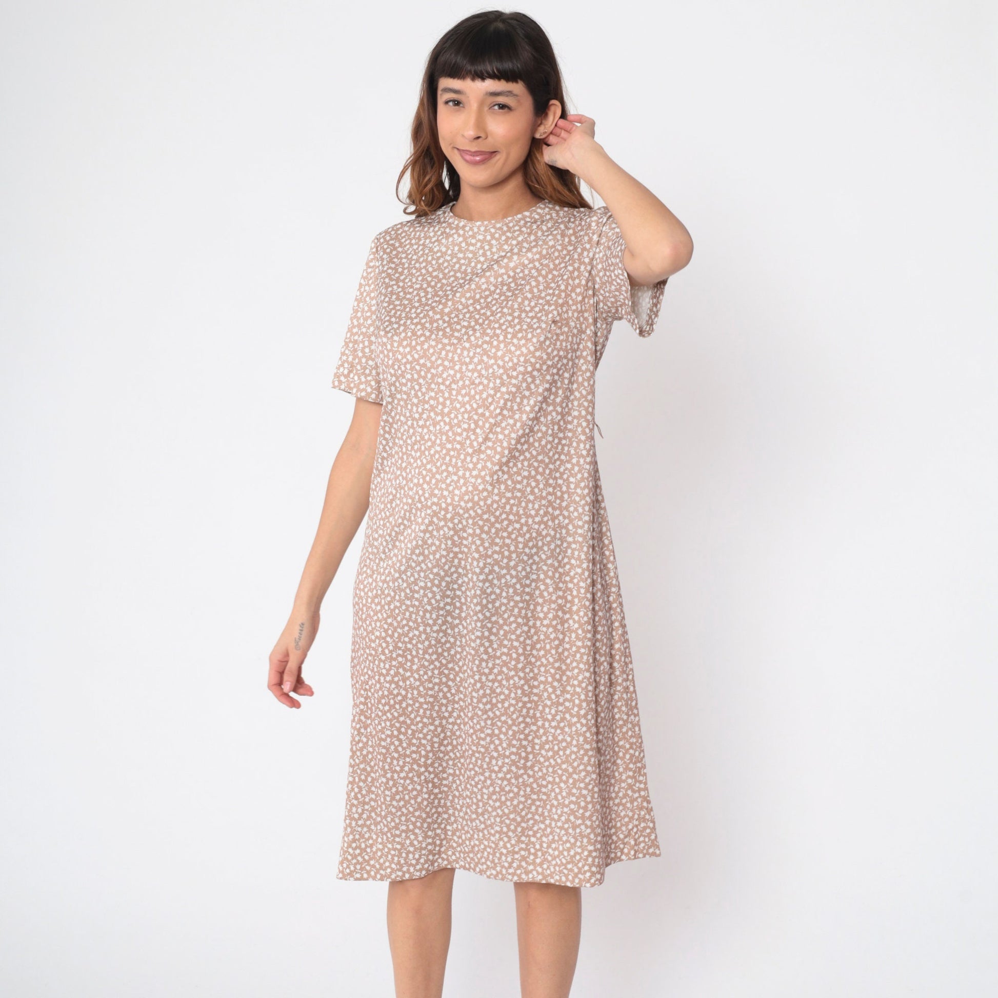 70s Tulip Floral Midi Dress Light Brown Shift Short Sleeve Large