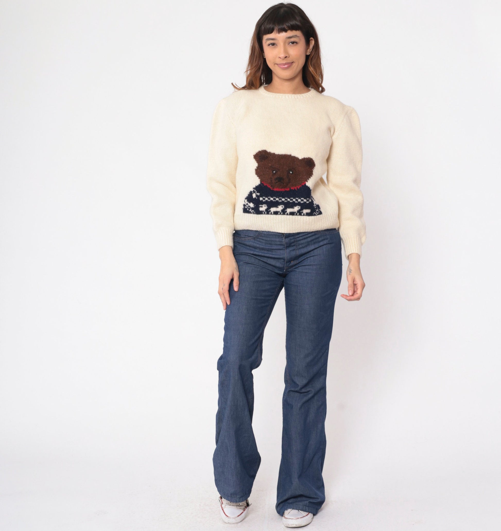 80s Cream Wool Teddy Bear Sweater Knit Pullover Small S