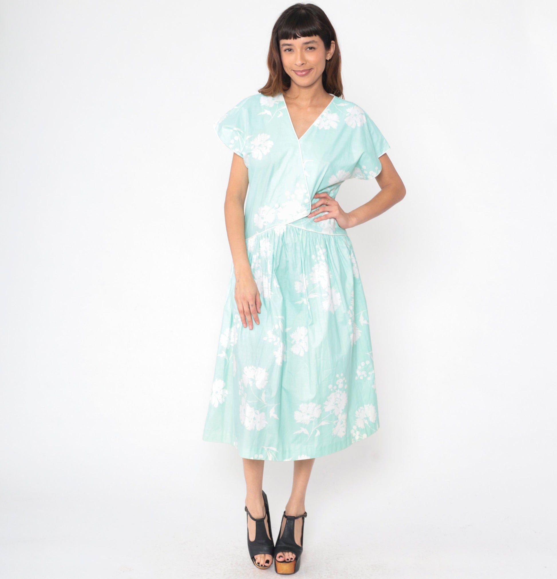 80s Mint Floral Midi Dress High Waisted Button Front Short Sleeve Medium