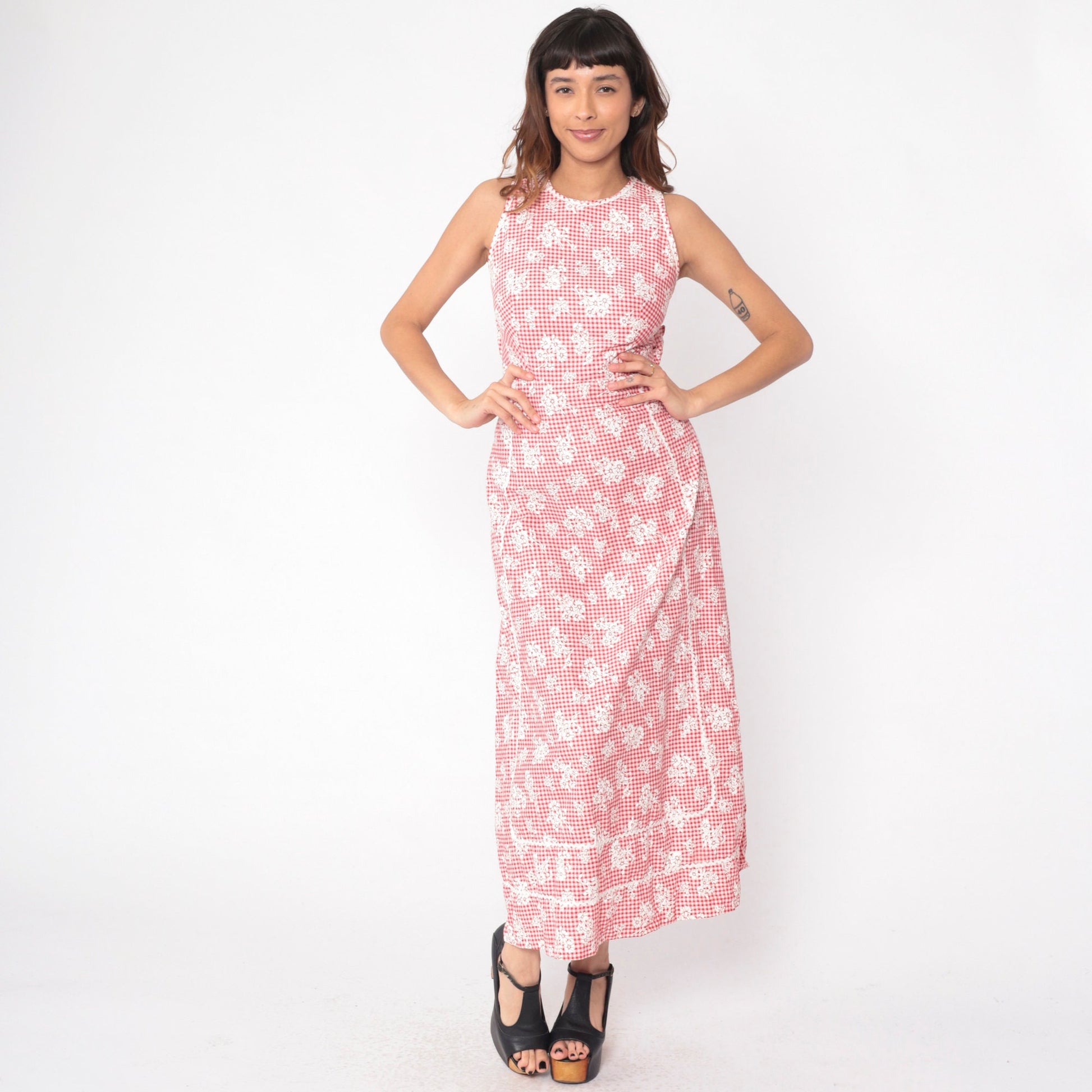 70s Gingham Floral Maxi Dress Red White Sleeveless Ric Rac Trim Extra Small