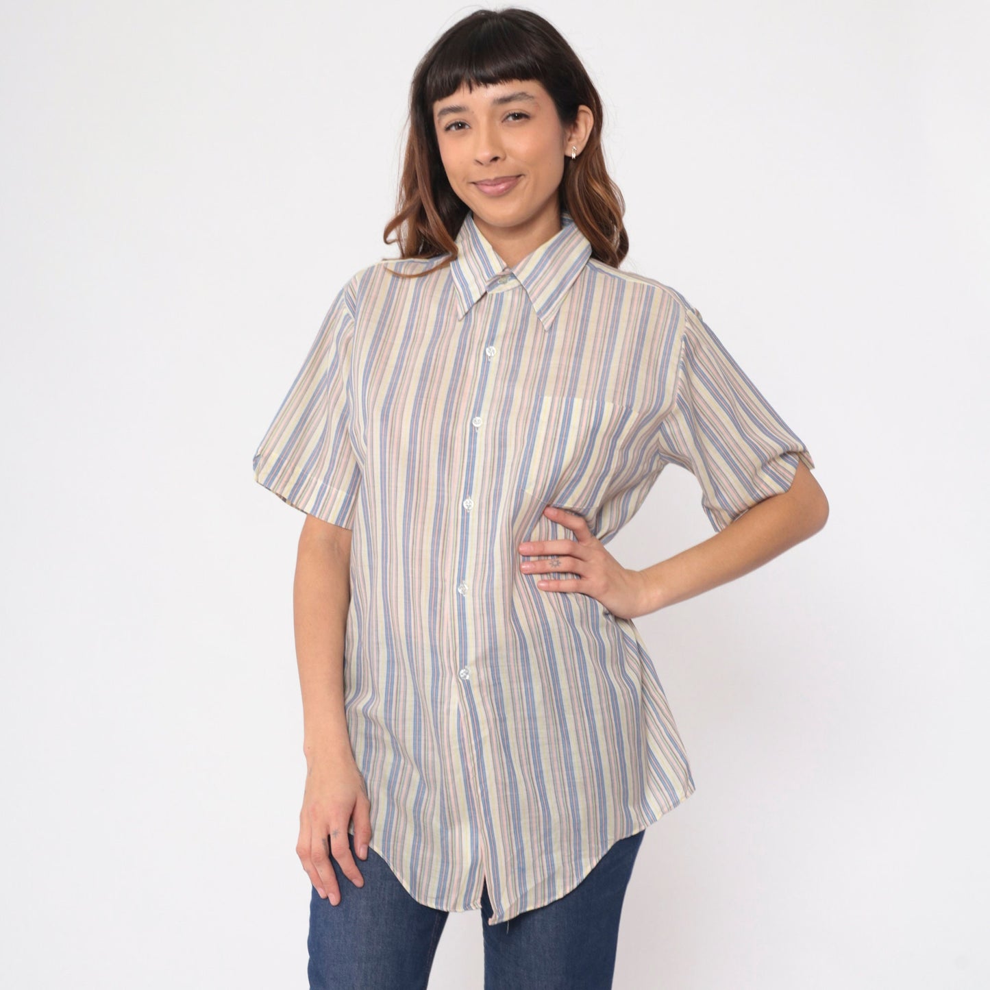 70s Fleetline Striped Button-Up Shirt Pointed Collar Multicolor Medium