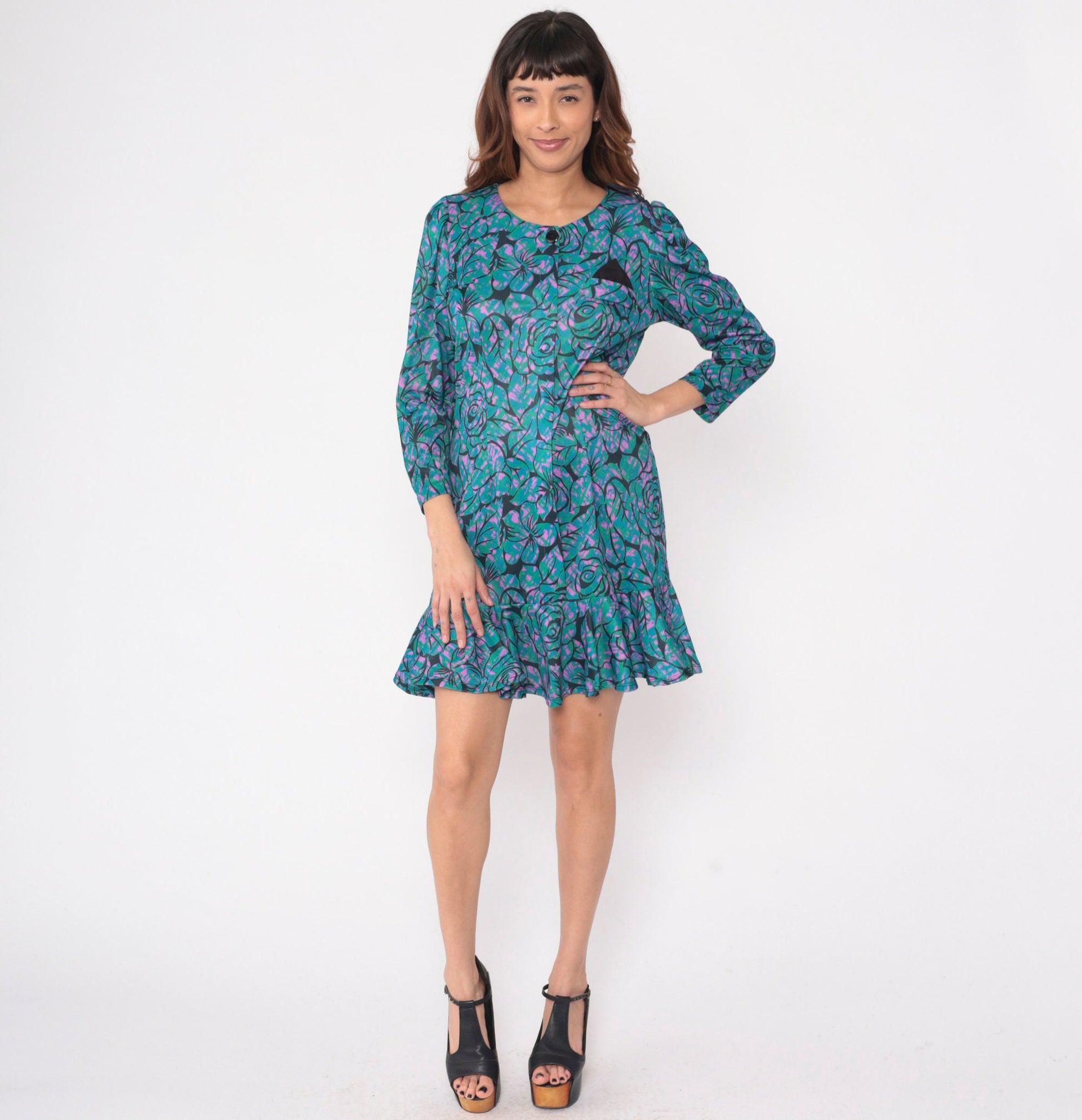 80s Floral Mini Dress Puff Sleeve Drop Waist Black Tropical Print Medium