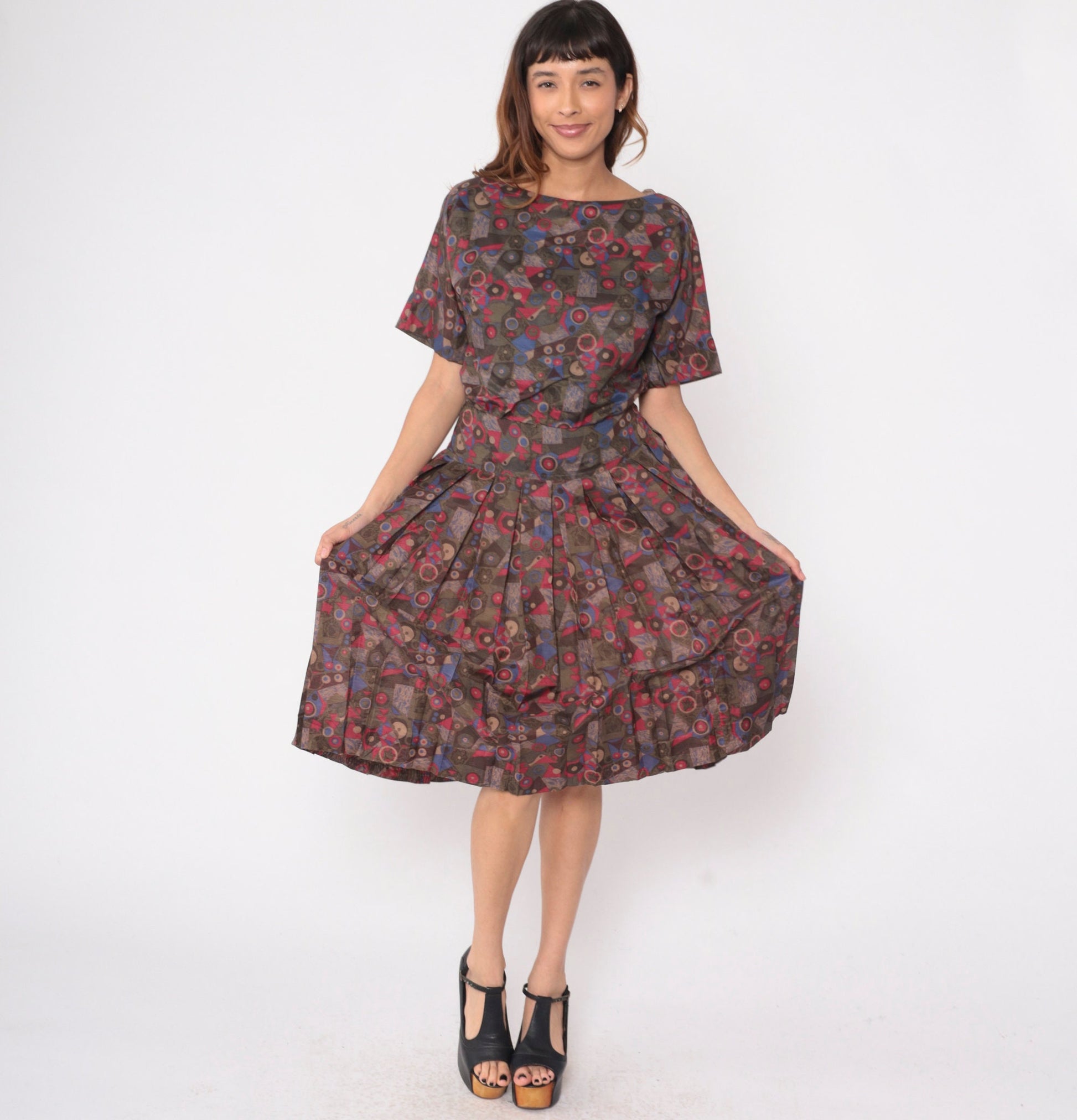 60s R&K Originals Geometric Floral Midi Dress High Waisted Pleated Cotton Medium