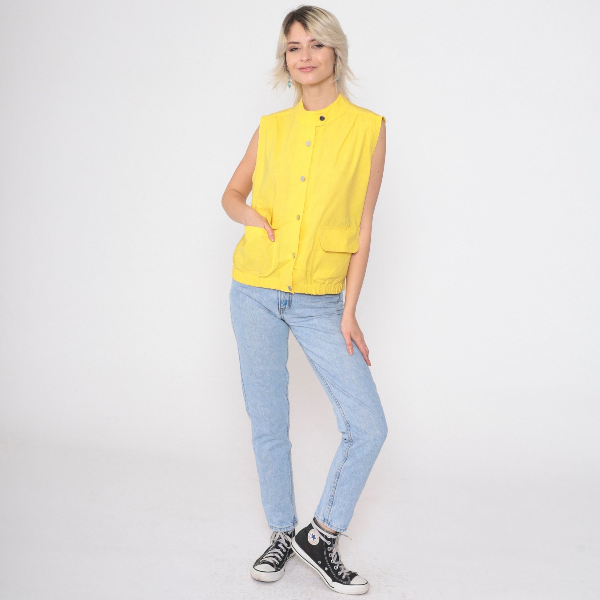 80s Jess Yellow Utility Tank Top Button-Up Vest Silver Banded Collar Medium