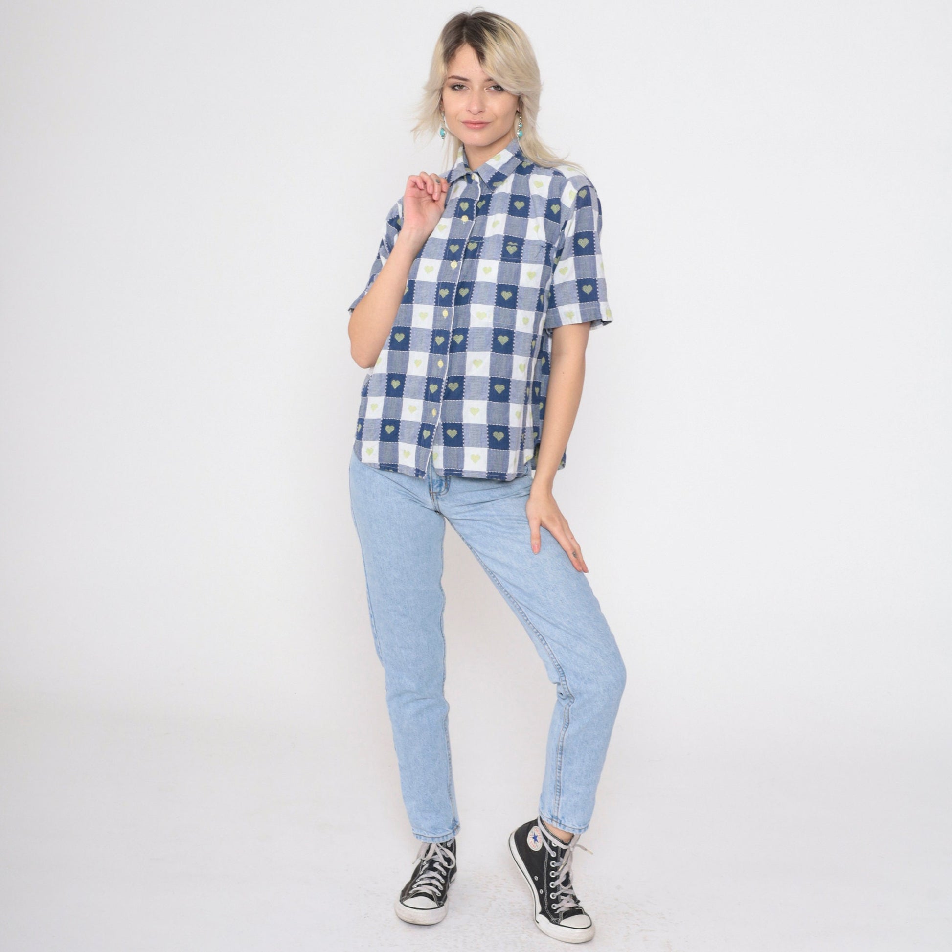 90s Blue Buffalo Plaid Shirt Embroidered Hearts Button Up Petite Medium
