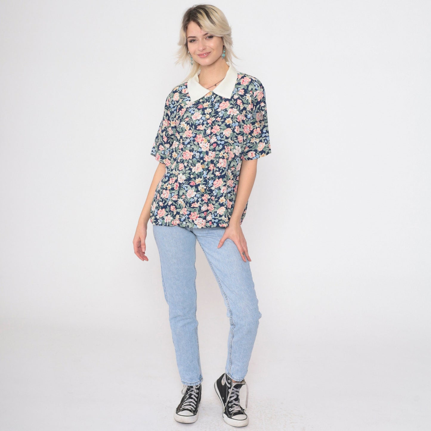 90s Dark Blue Floral Button Up Blouse White Collar Gold Buttons Small