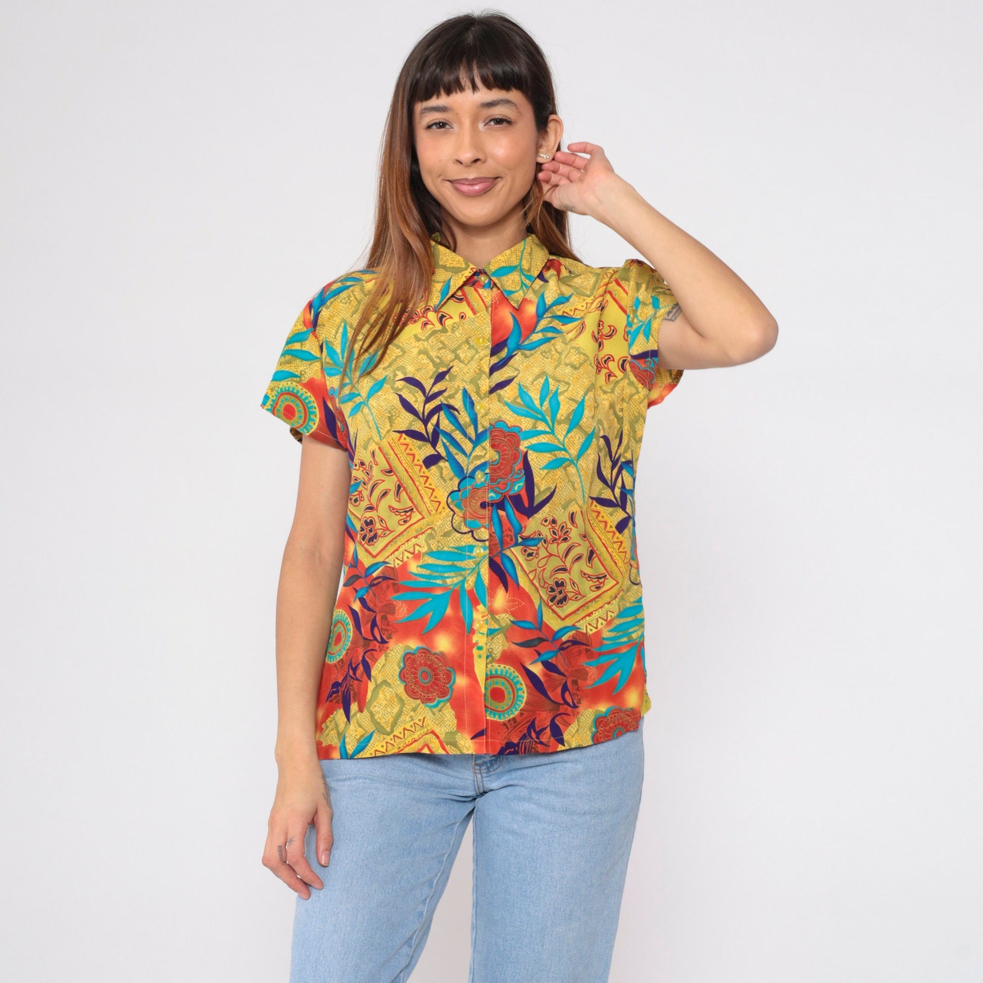 90s Mixed Print Button-Up Blouse Floral Snakeskin Mandala Yellow Orange Medium