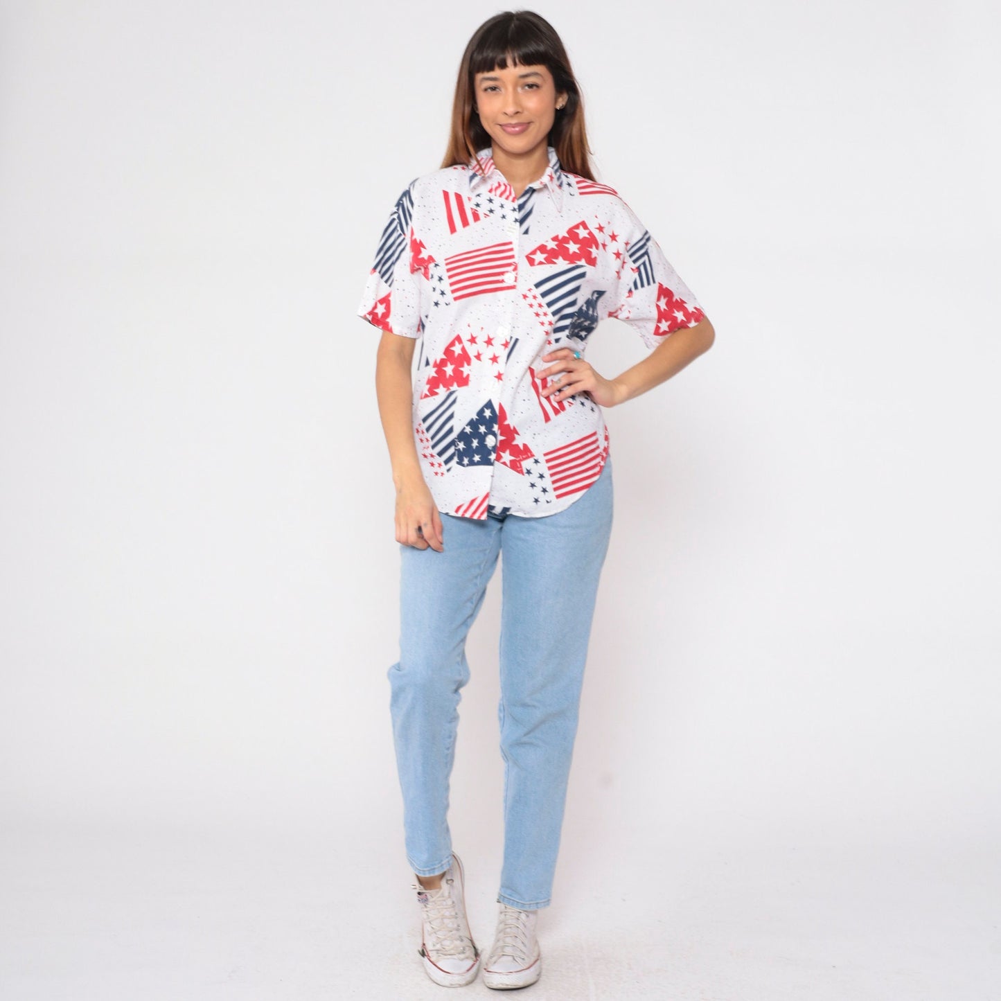 90s Stars and Stripes Button-Up Blouse Red White Blue American Flag Large L