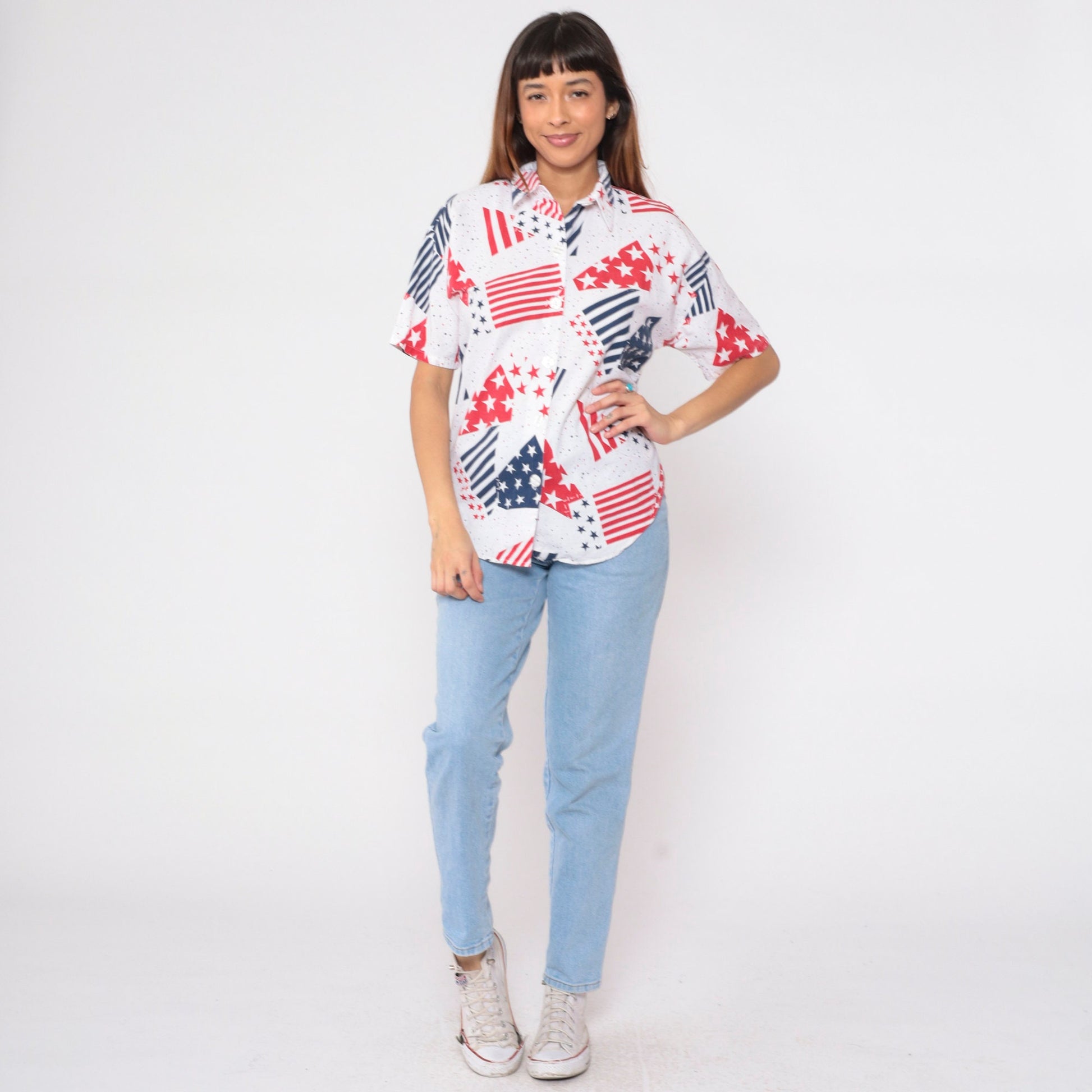 90s Stars and Stripes Button-Up Blouse Red White Blue American Flag Large L