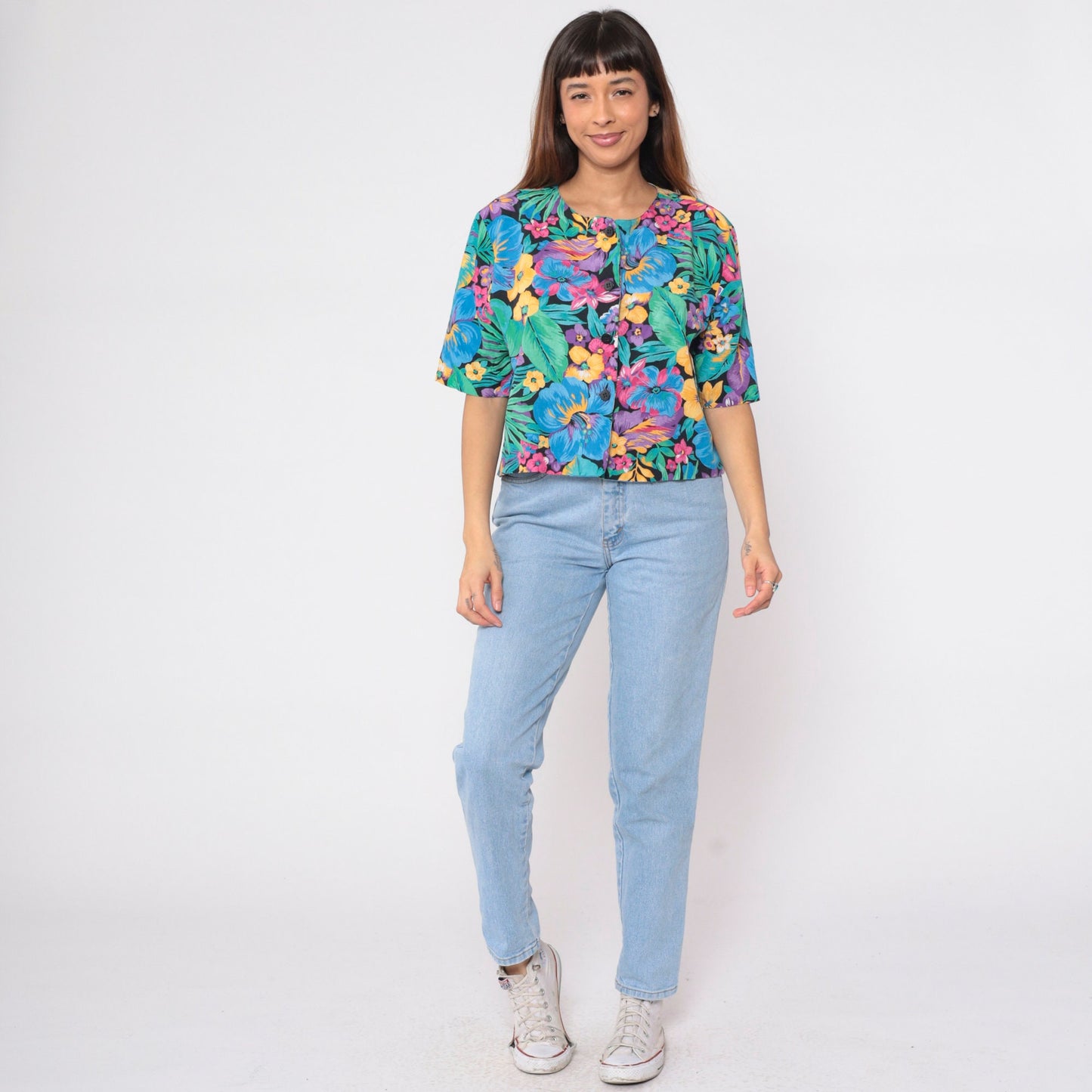 90s Black Tropical Floral Crop Top Button-Up Blouse Short Sleeve Large L