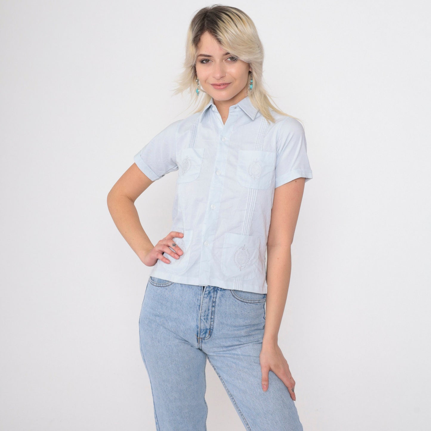 80s Baby Blue Embroidered Pintuck Button-Up Shirt Short Sleeve XXS