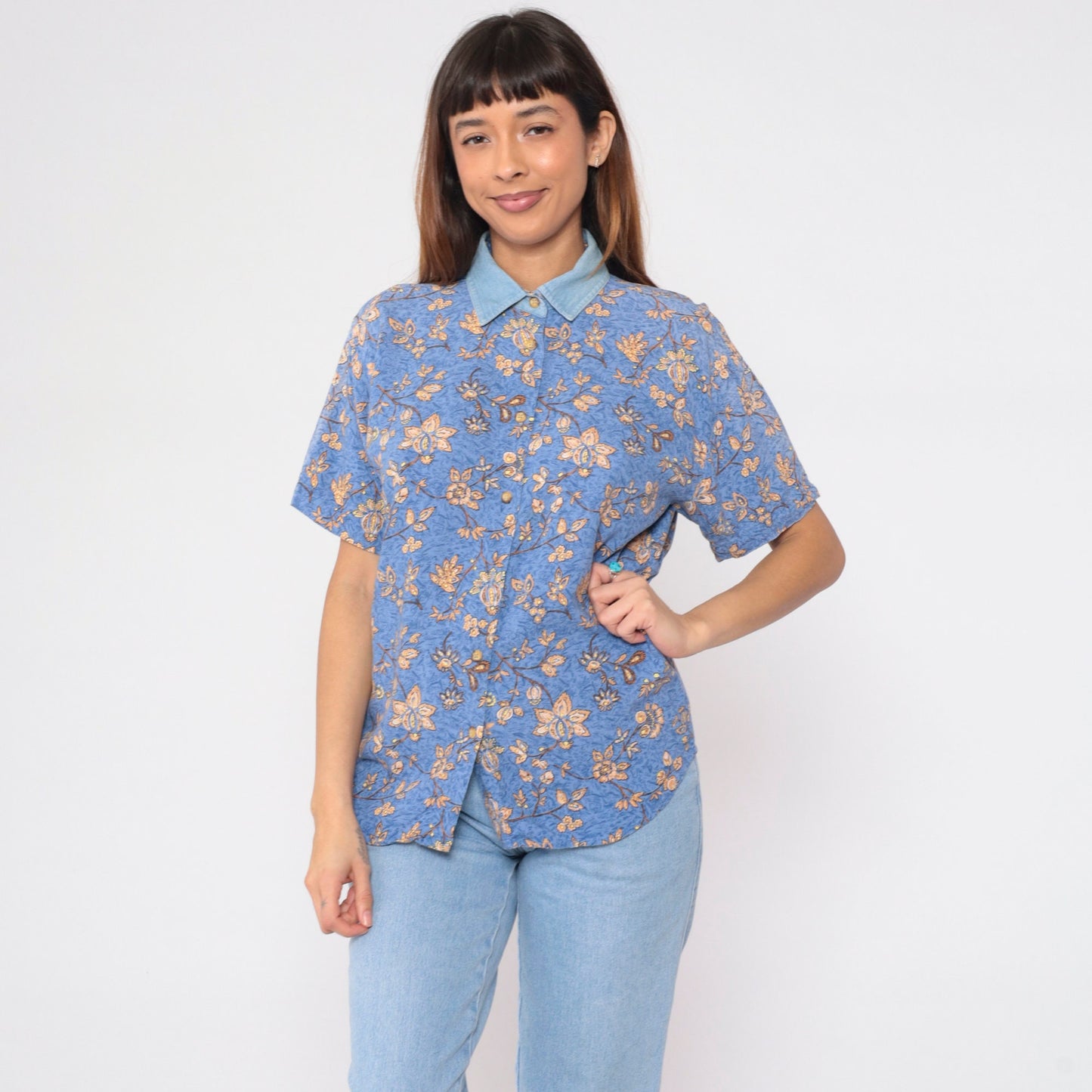 90s Blue Floral Button-Up Blouse Denim Collar Short Sleeve Small S
