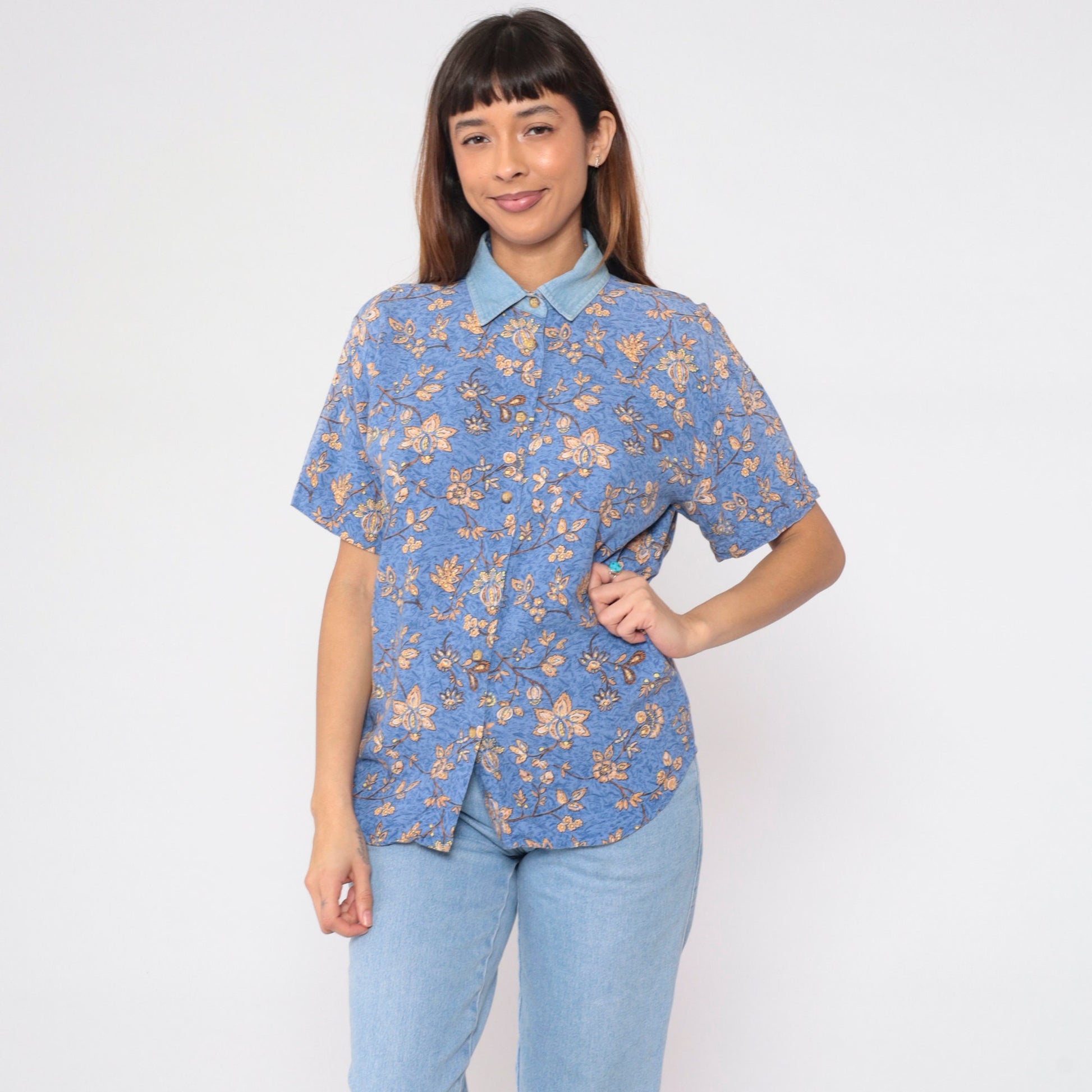90s Blue Floral Button-Up Blouse Denim Collar Short Sleeve Small S