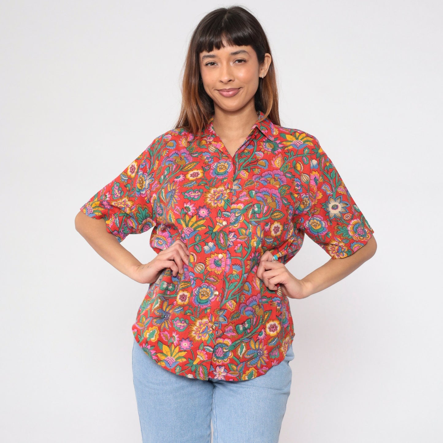 90s Indian Floral Red Button-Up Blouse Short Sleeve Cotton Rayon Medium M