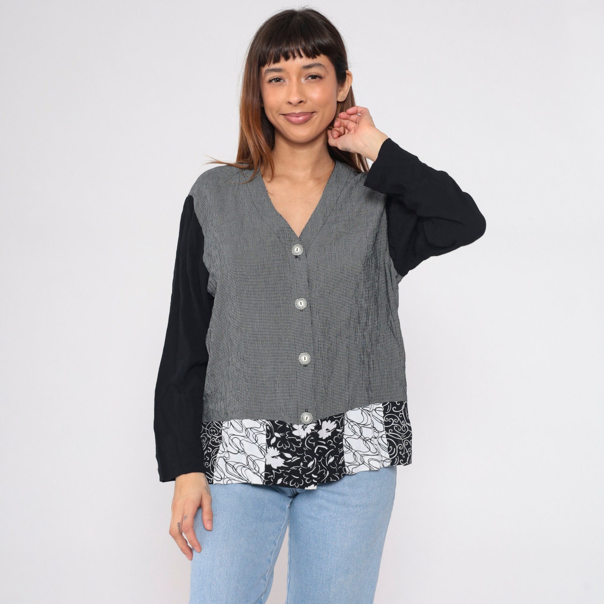 90s Aimee d Black White Checkered Floral Print Blouse V Neck Long Sleeve Small