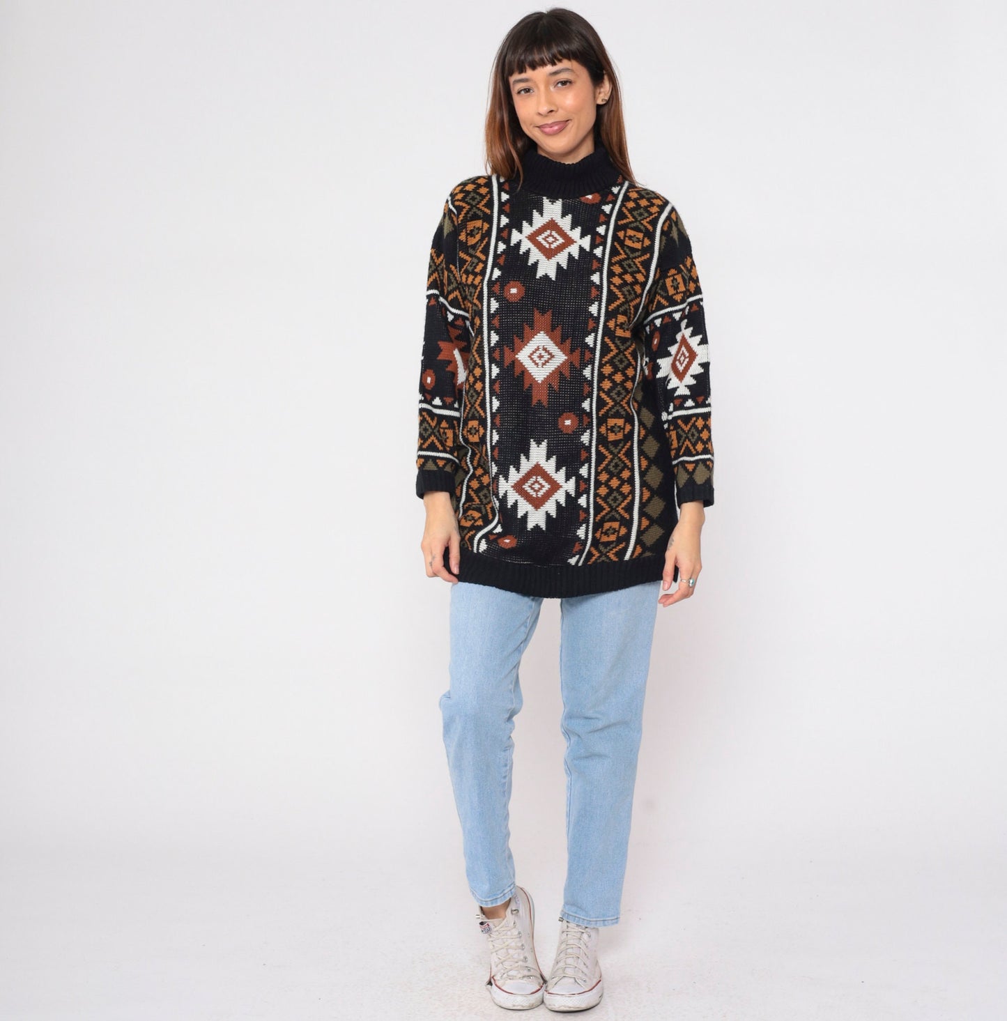 80s Southwestern Knit Turtleneck Sweater Black Geometric Print Large L