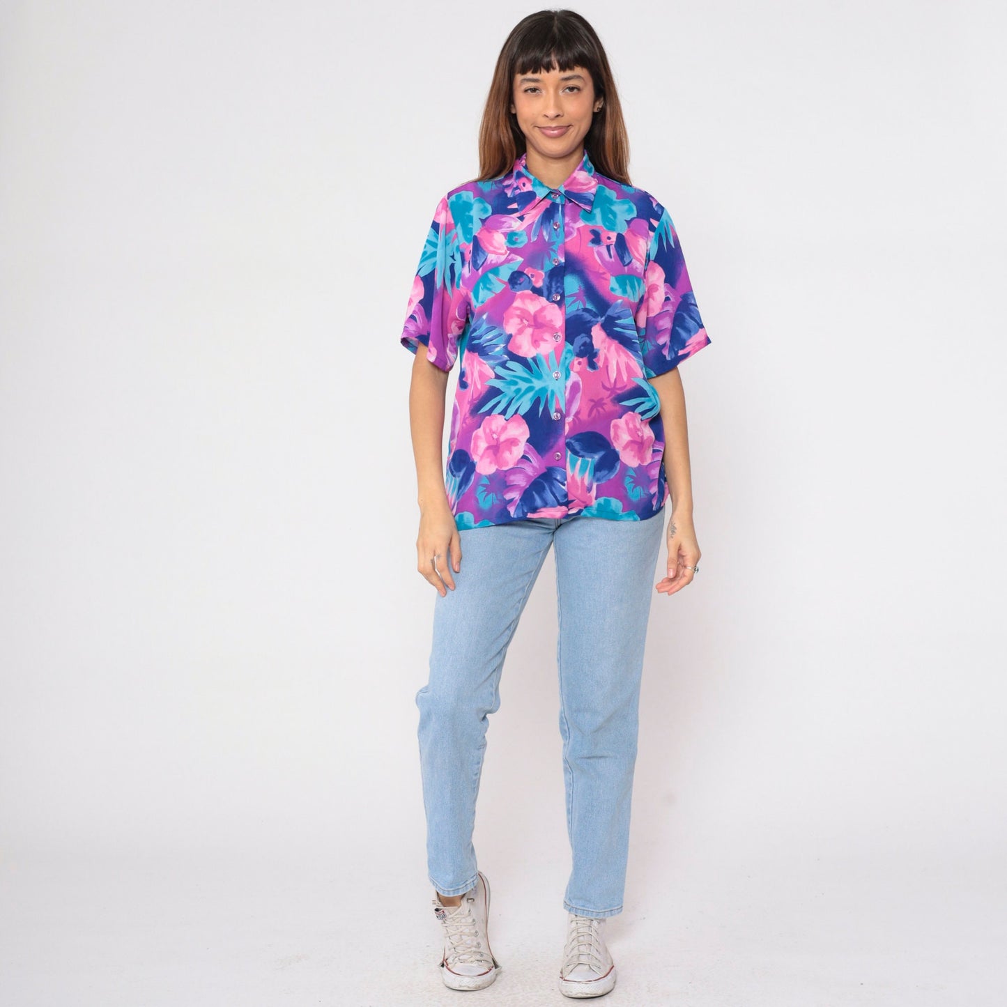 90s Bon Worth Hawaiian Floral Blouse Pink Purple Blue Short Sleeve Small