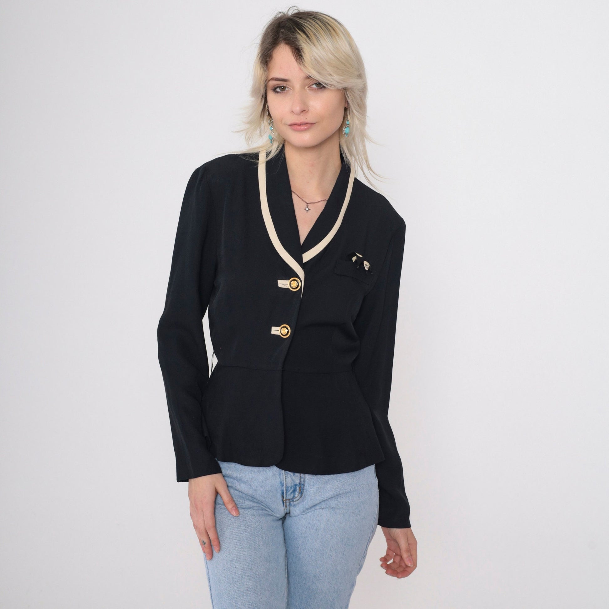 90s Black Blazer with Cream Trim Peplum Jacket Gold Buttons Small
