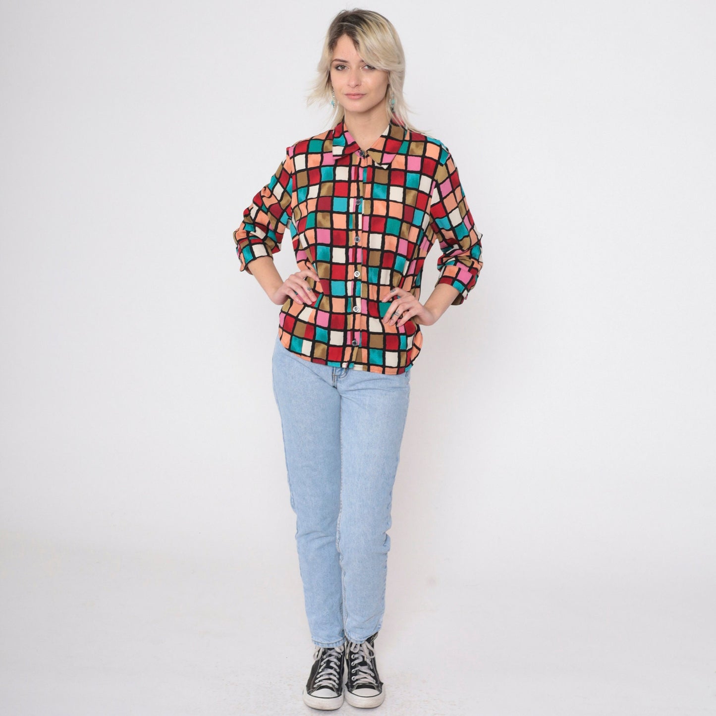 90s Checkered Button-Up Blouse 3/4 Sleeve Red Pink Turquoise Preppy Extra Large