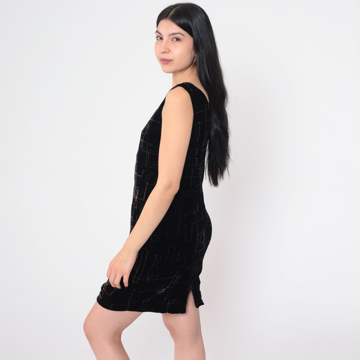 00s Jones New York Black Velvet Mini Dress Copper Geometric V Back Small