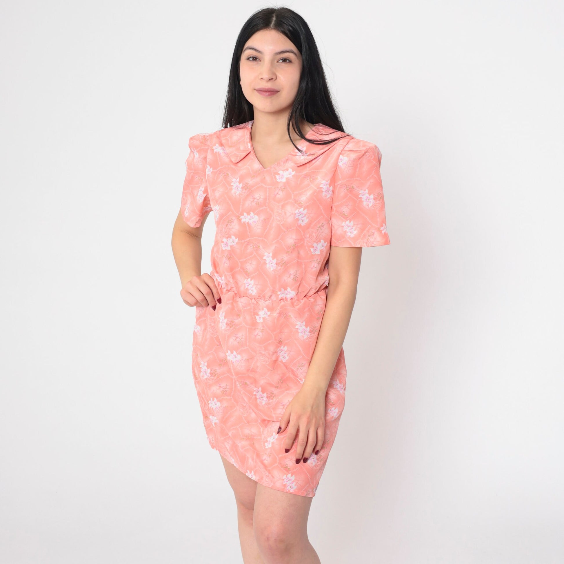 80s Pink Floral Mini Dress Puff Sleeve High Waisted Johnny Collar Small