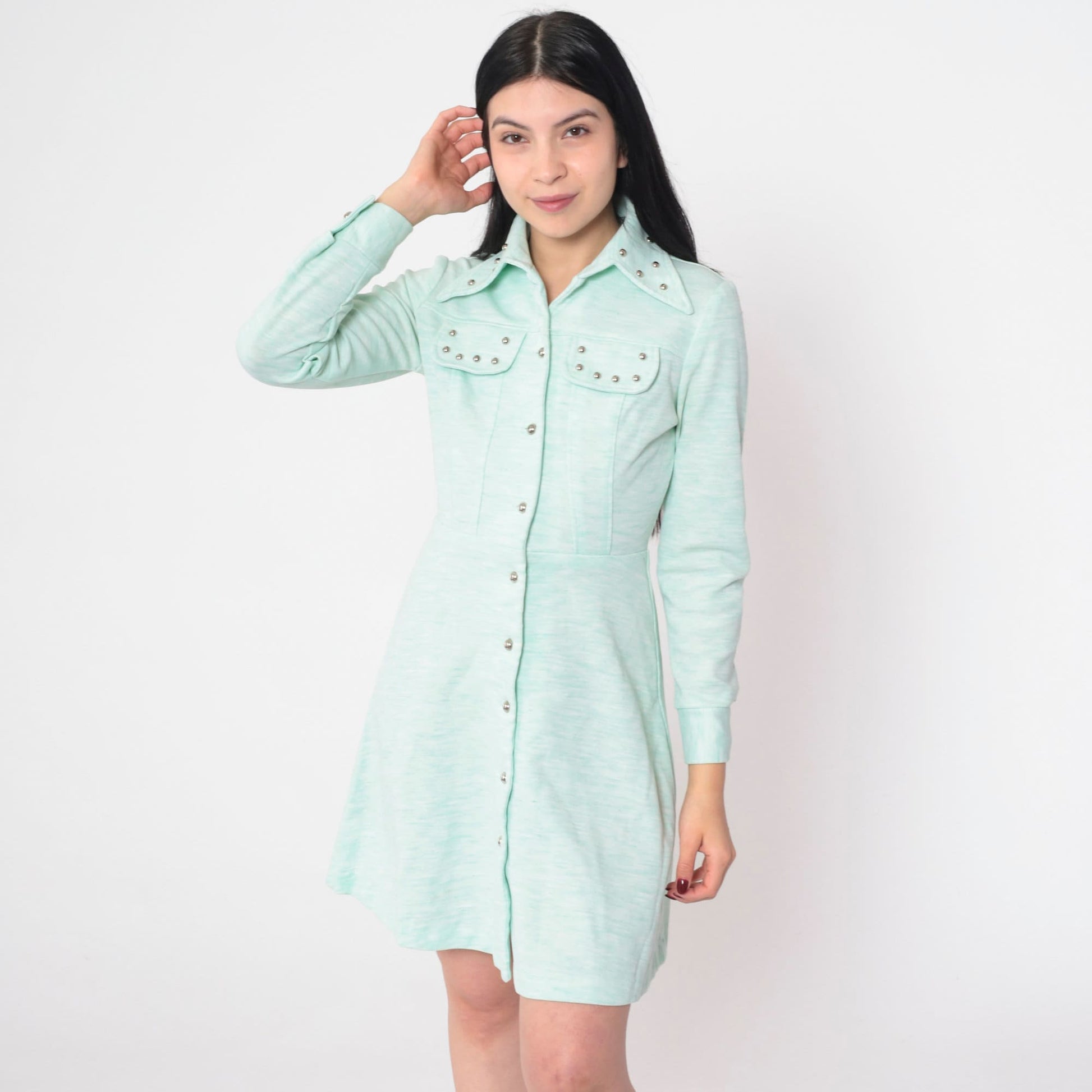 70s Studded Mint Button-Up Minidress Long Sleeve Collared Extra Small