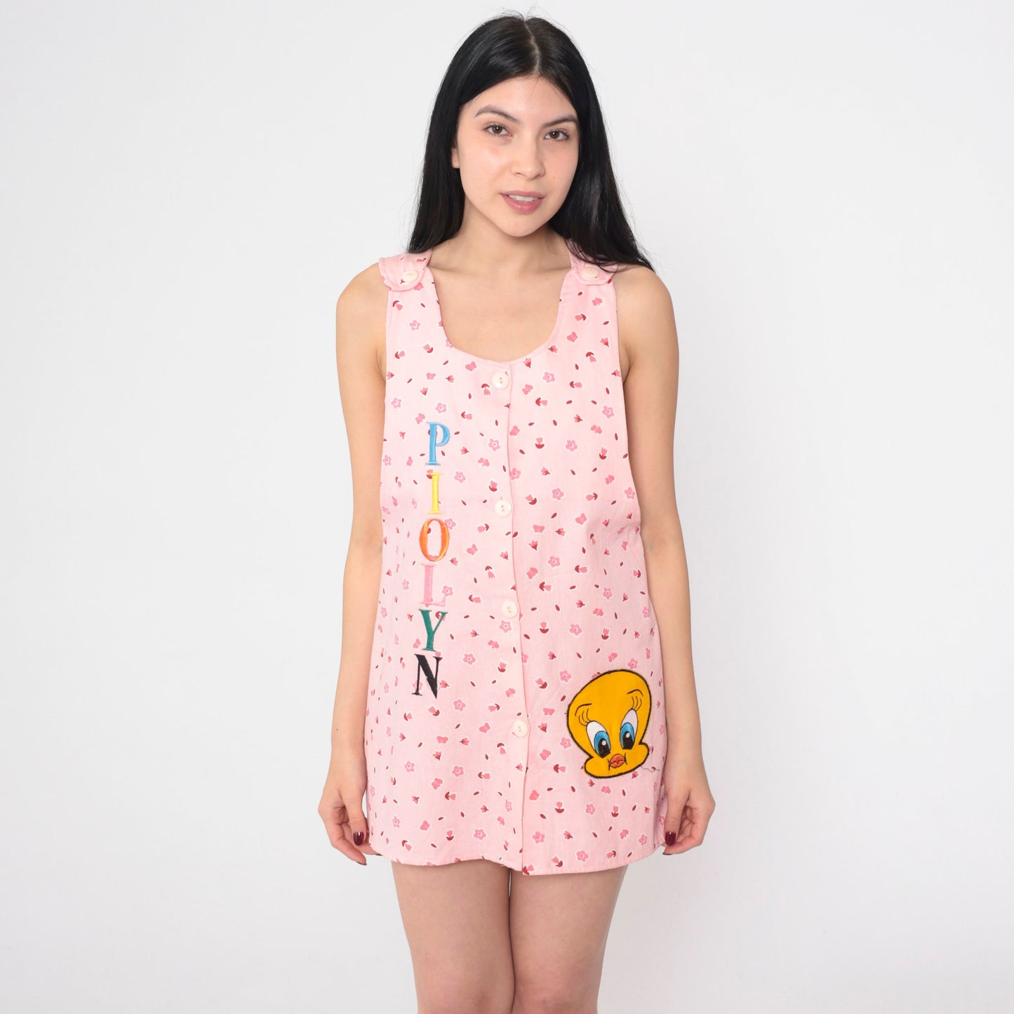90s Tweety Bird Piolyn Floral Mini Dress Pink Sleeveless Button-Up Extra Small