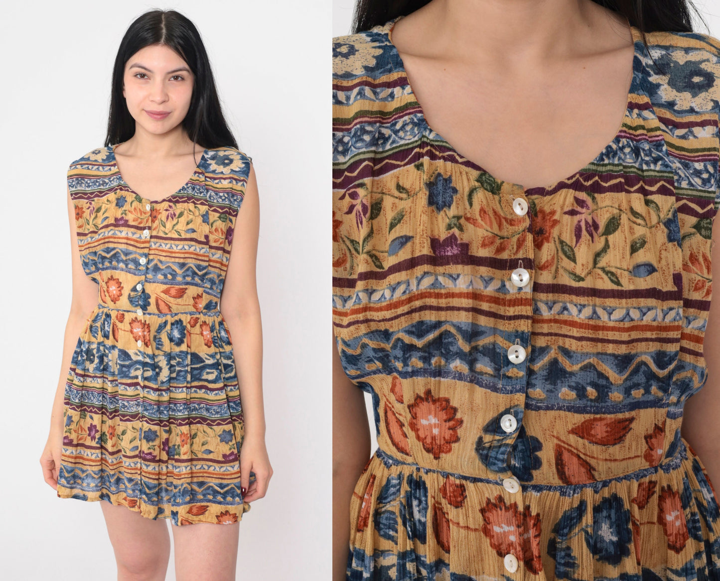 90s Floral Striped Mini Dress Sleeveless High Waist Button Front Petite Medium