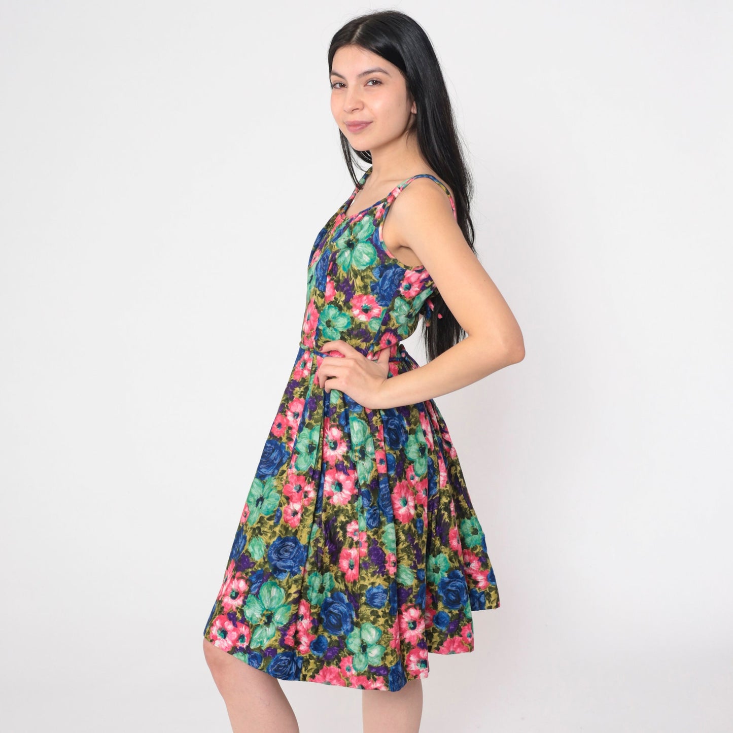60s Floral Mini Dress High Waist Sleeveless Full Skirt Cocktail XXS
