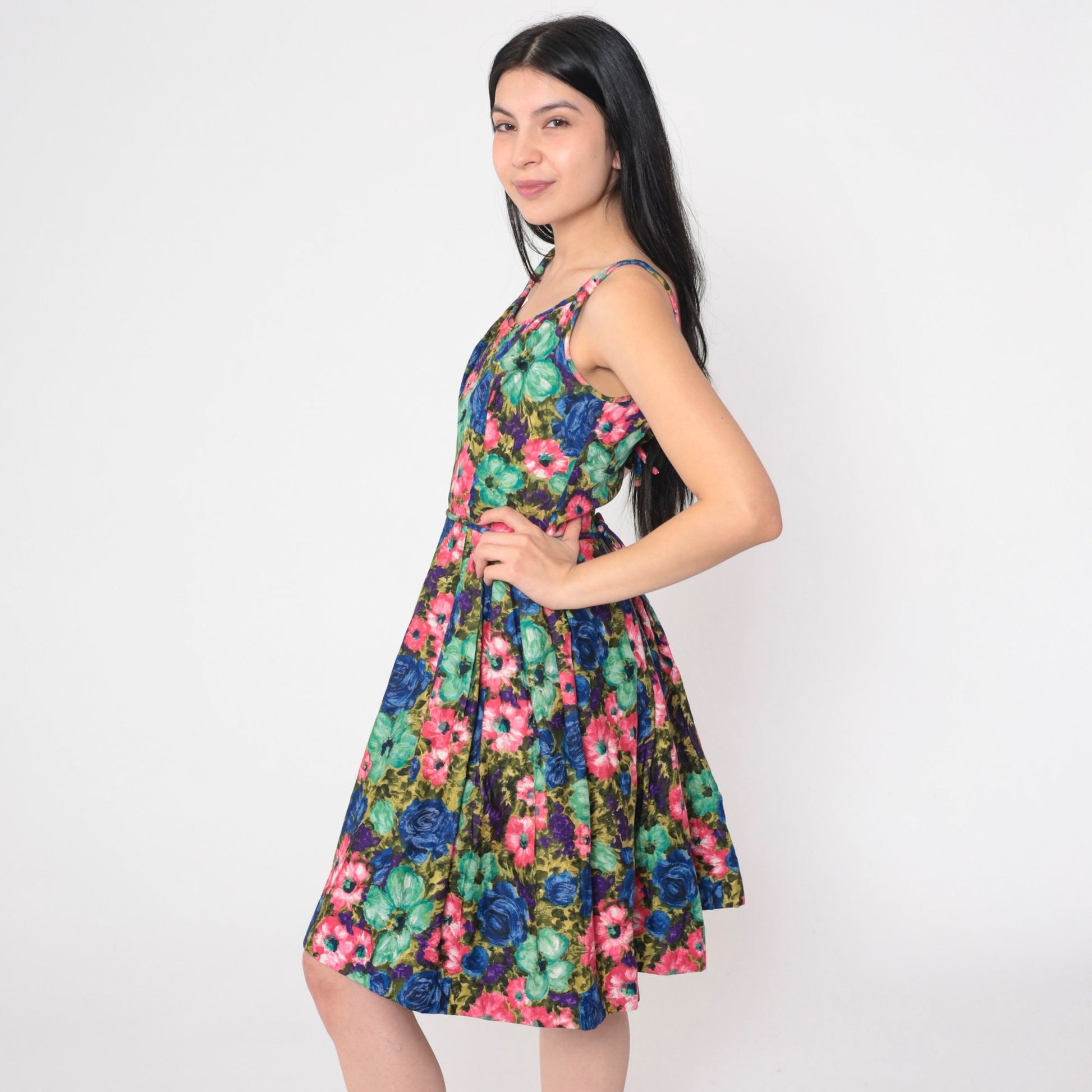 60s Floral Mini Dress High Waist Sleeveless Full Skirt Cocktail XXS