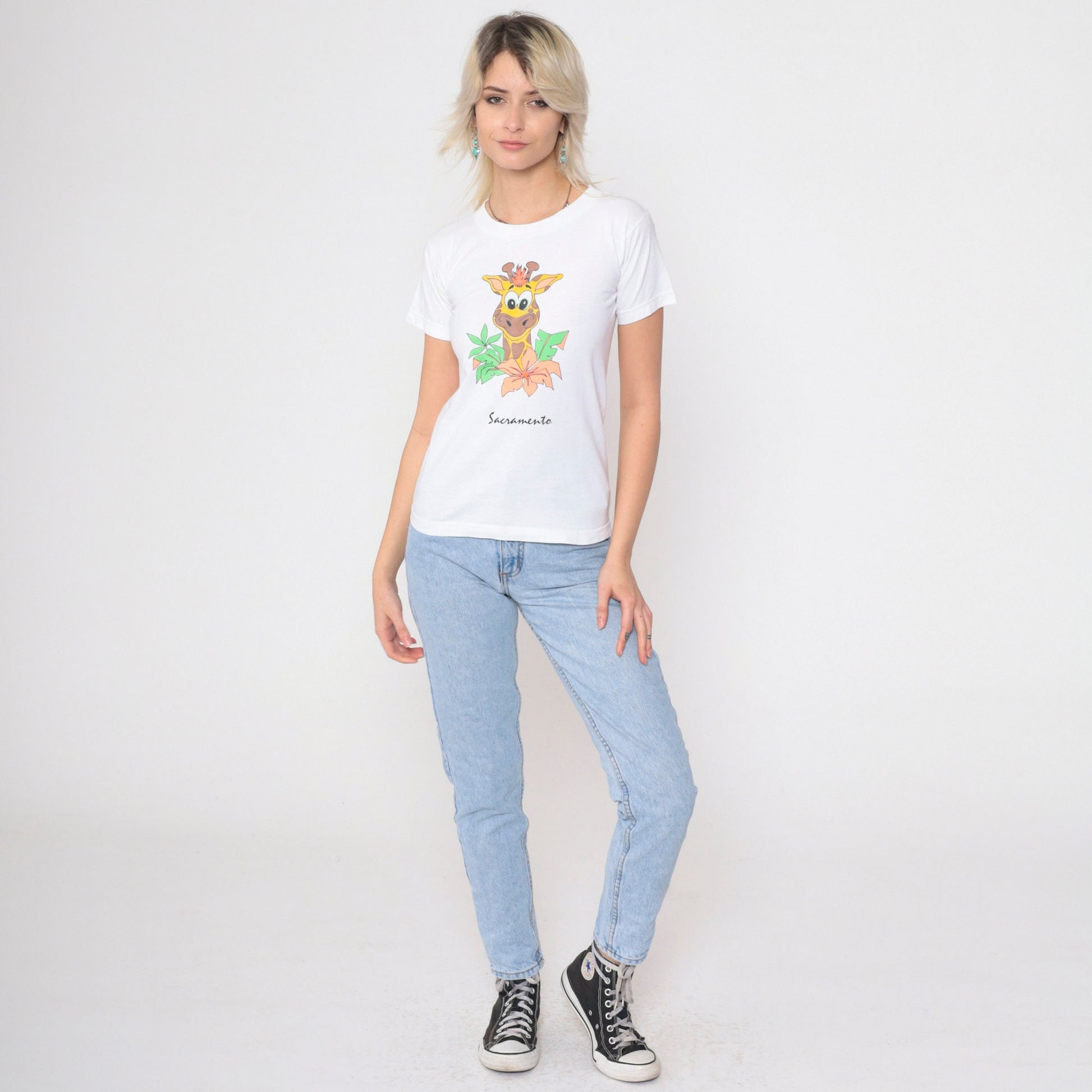 90s Sacramento Zoo Giraffe T-Shirt White Graphic Tee Appliqué XXS