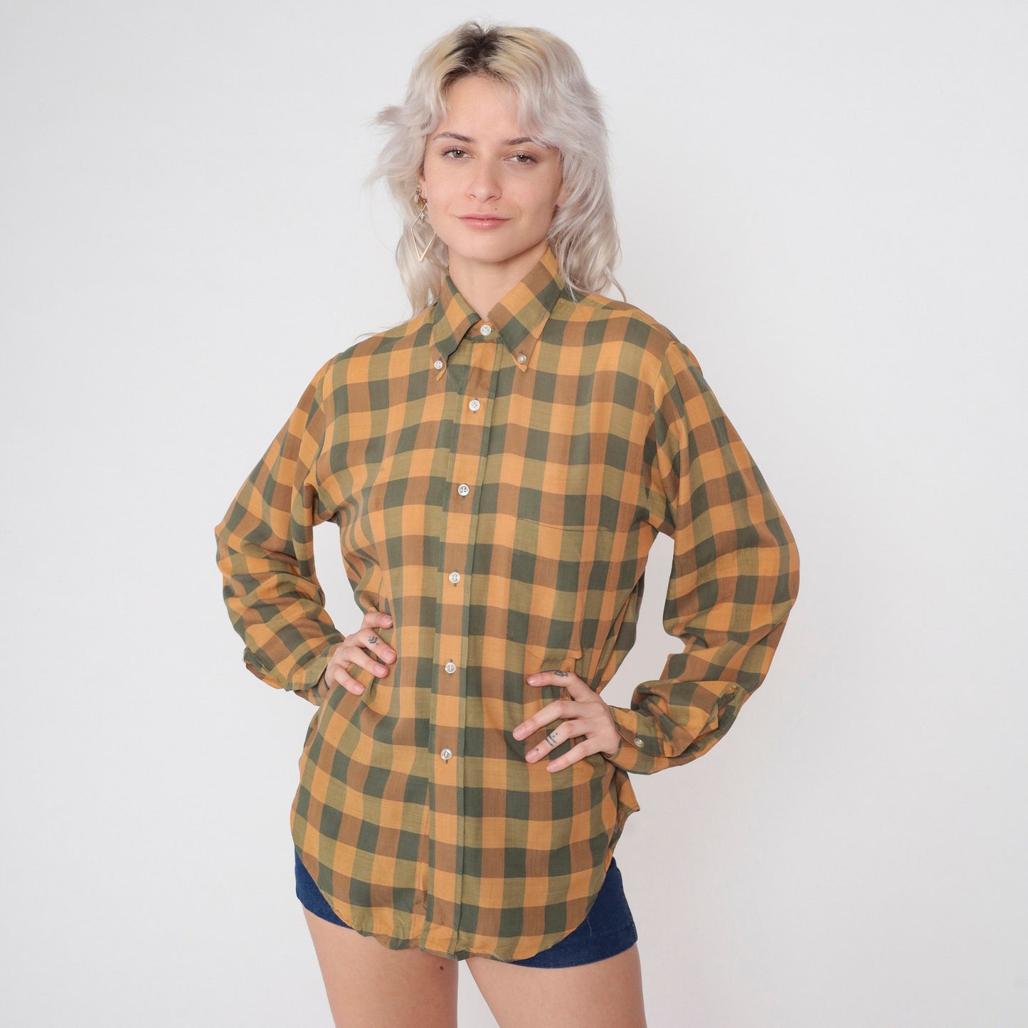 70s Buffalo Plaid Button-Up Shirt Orange Grey Collared Long Sleeve Men's Small
