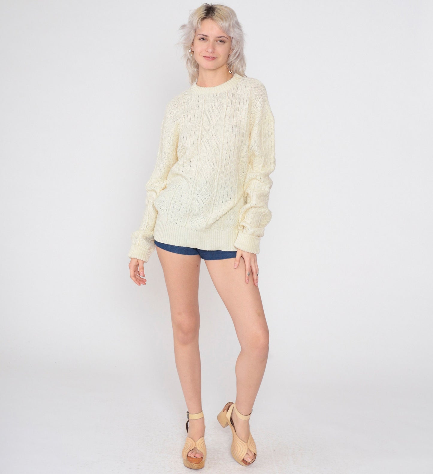 80s Cream Diamond Knit Pullover Sweater Textured Crewneck Large