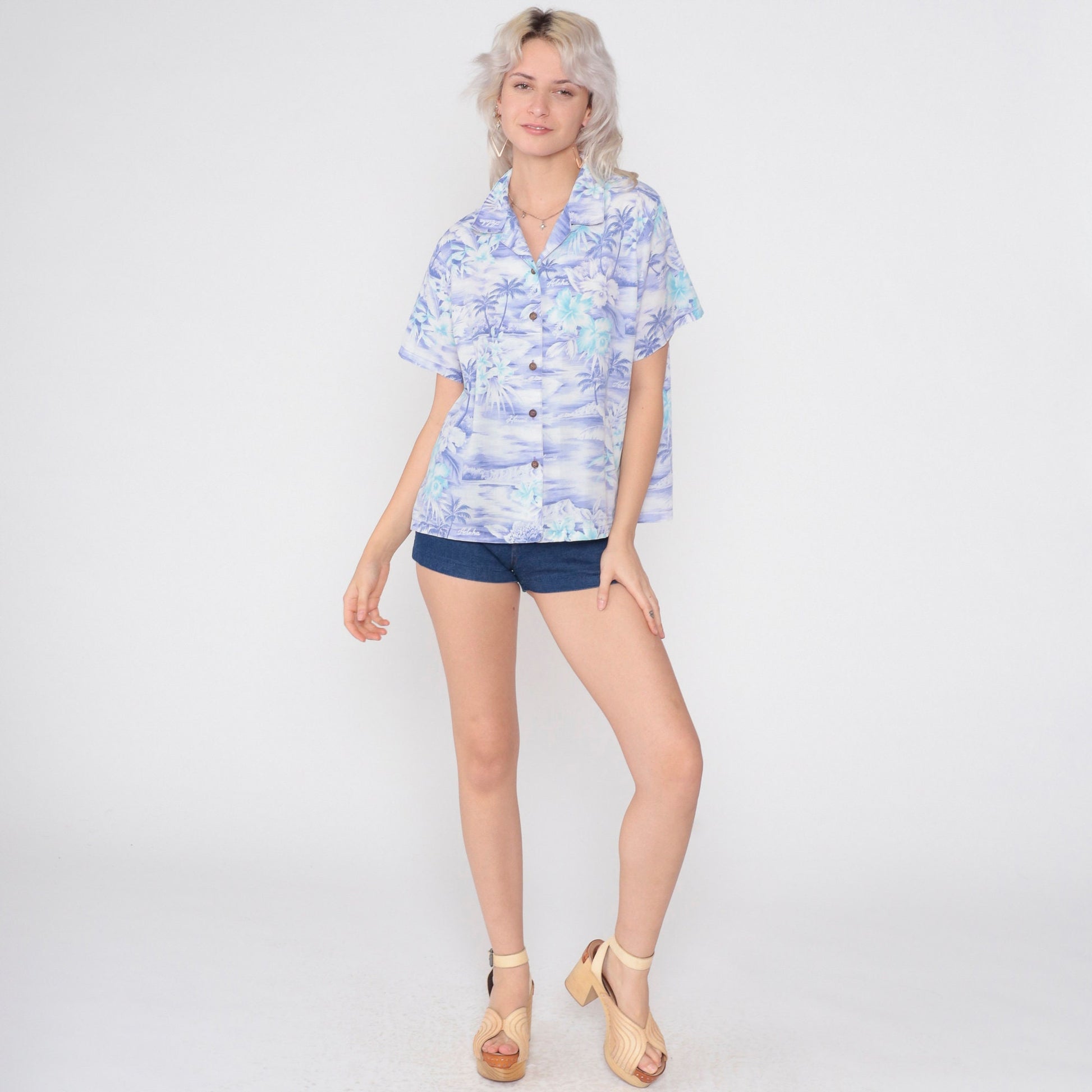 90s Purple Hawaiian Shirt Tropical Floral Aloha Print Button Up Medium M