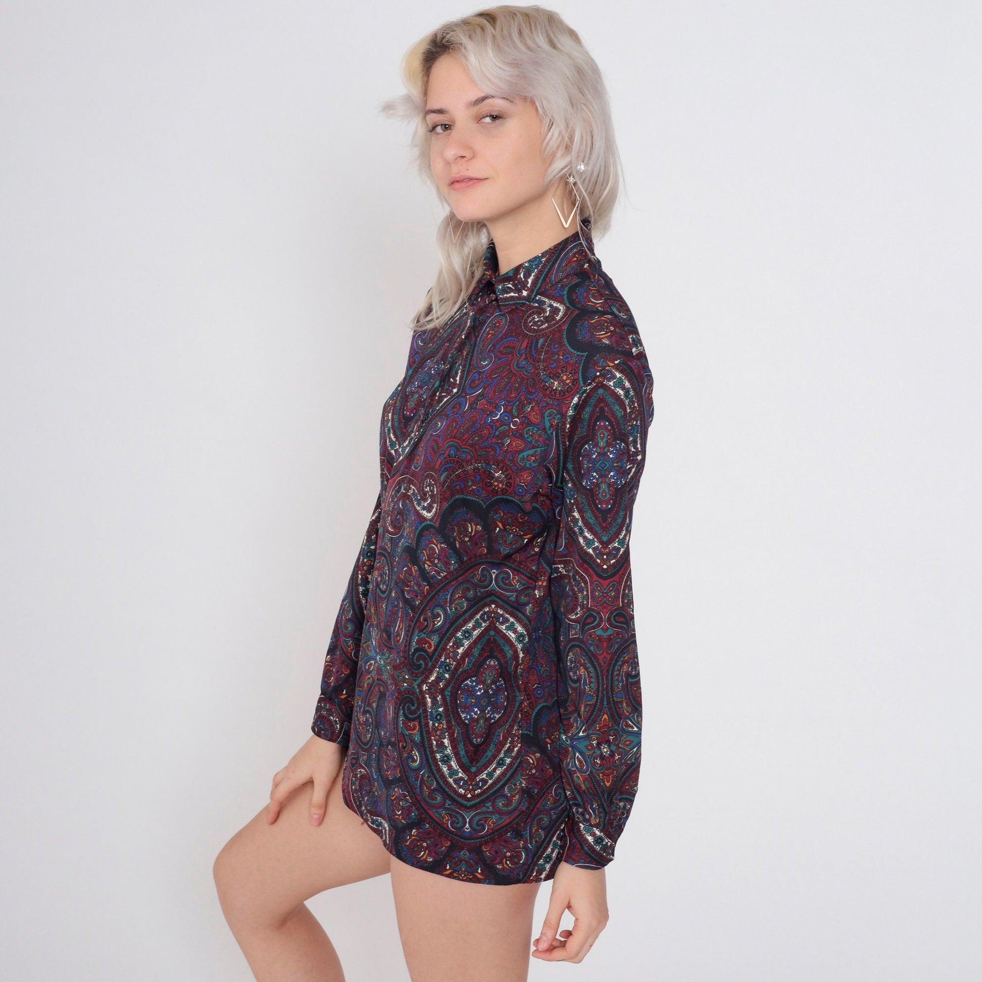 70s Paisley Floral Print Shirt Long Sleeve Button Up Disco Blouse Medium Large