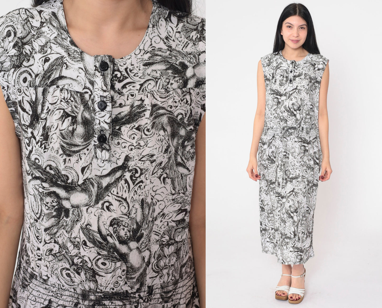 90s Black and White Cherub Print Midi Dress Sleeveless Button Front Small S