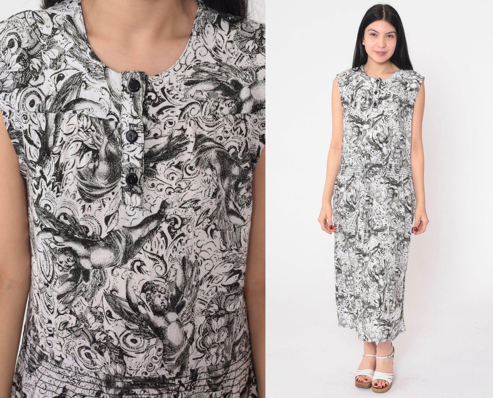 90s Black and White Cherub Print Midi Dress Sleeveless Button Front Small S