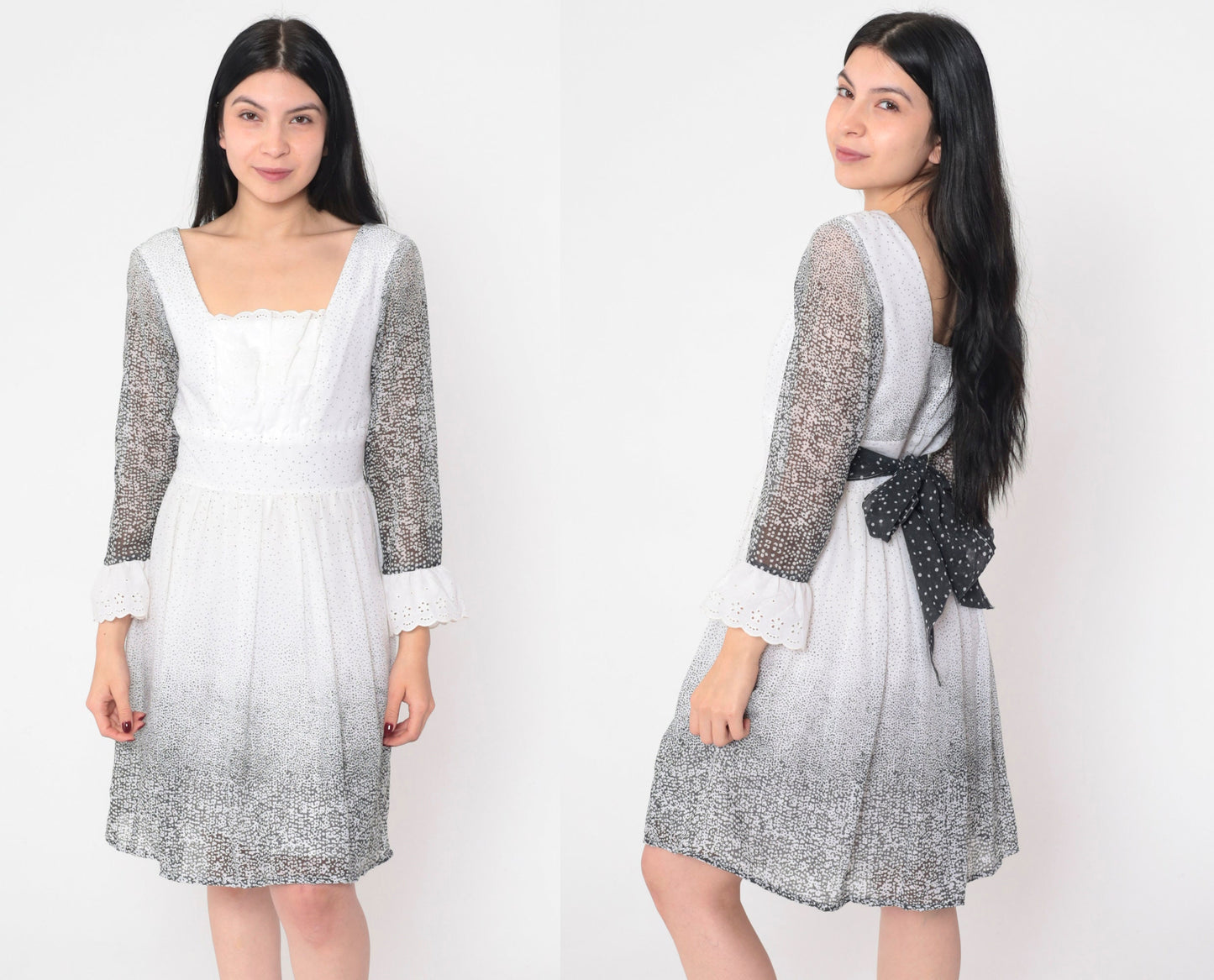 70s Black and White Eyelet Lace Mini Dress Long Sleeve Bow Small Medium
