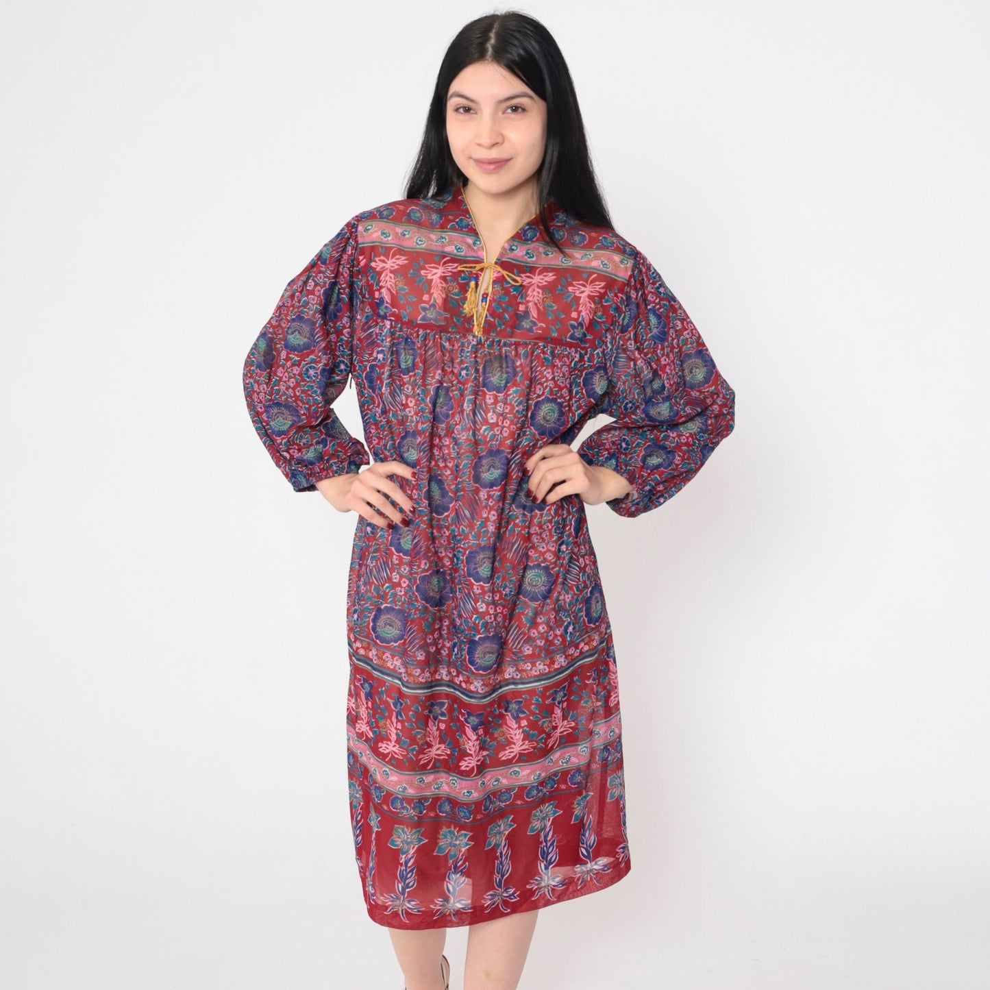 70s Tabby California Midi Dress Indian Floral Print Long Sleeve Red Blue XL