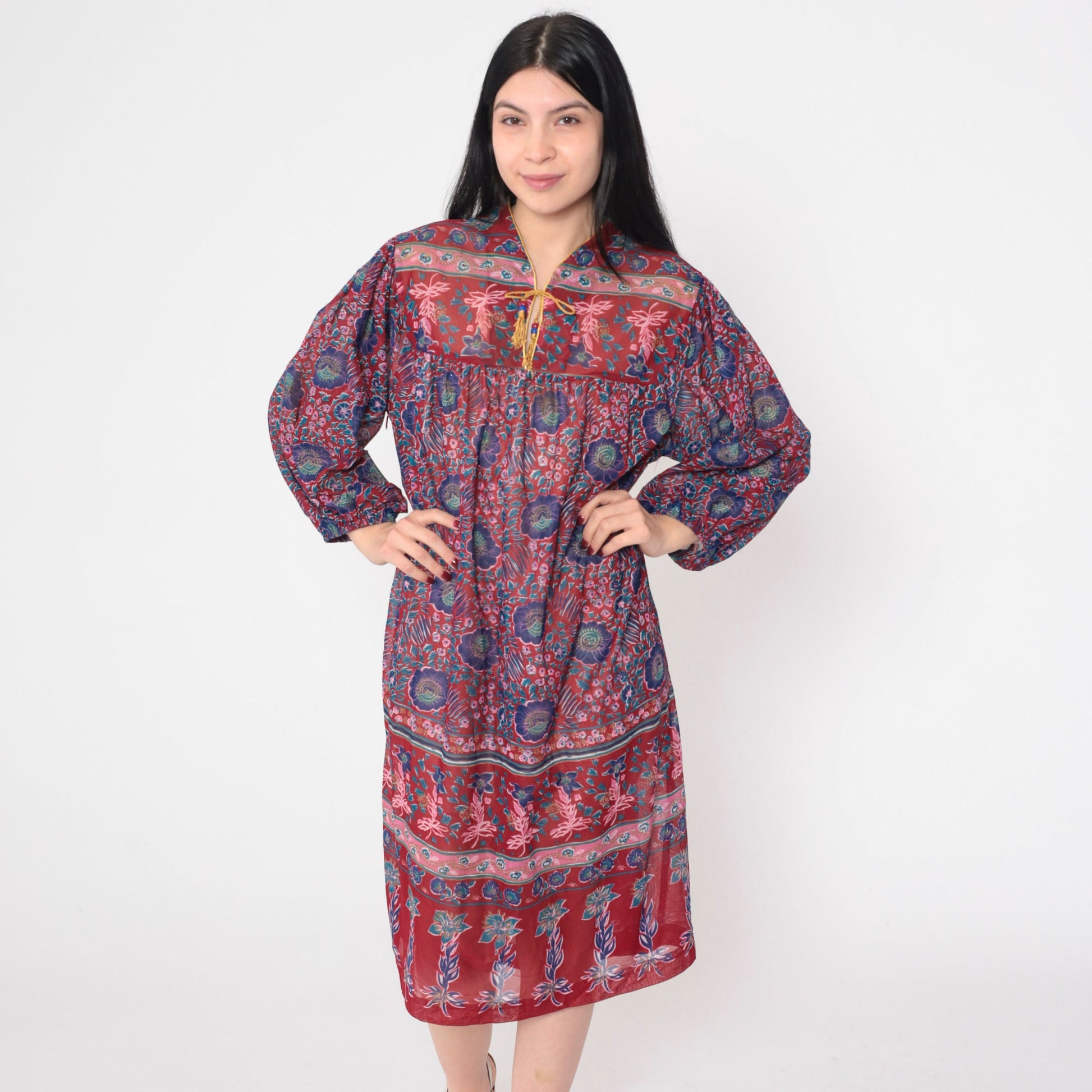 70s Tabby California Midi Dress Indian Floral Print Long Sleeve Red Blue XL